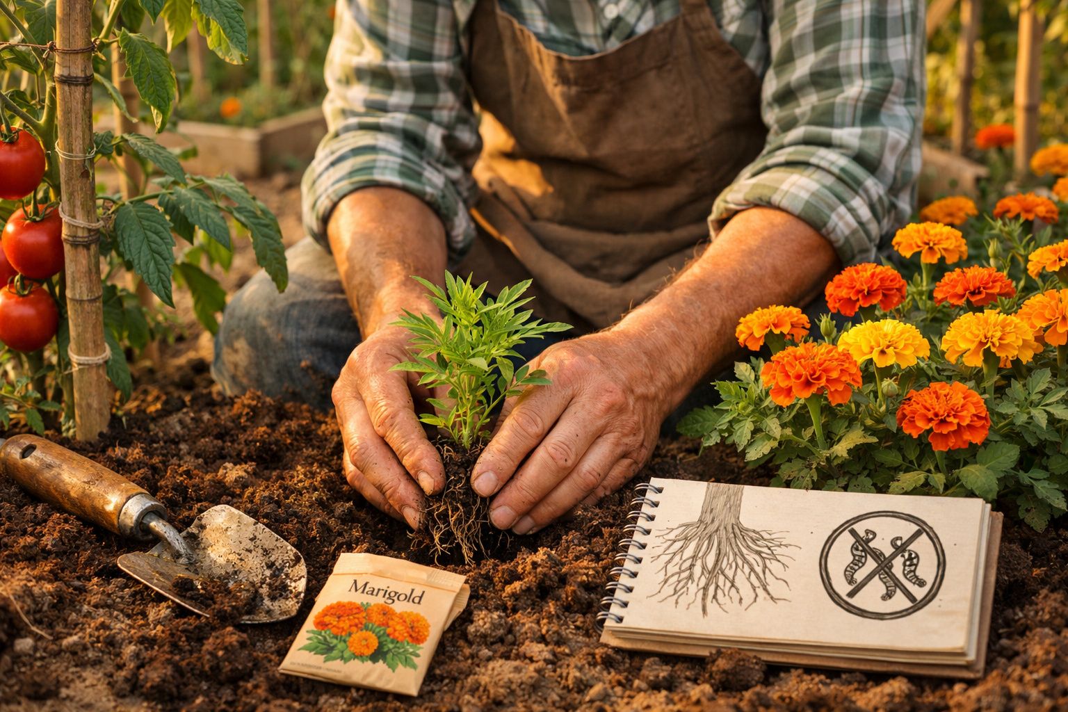 Pessoa a plantar uma flor de tagetes num jardim com ferramentas e livro de instruções ao lado.