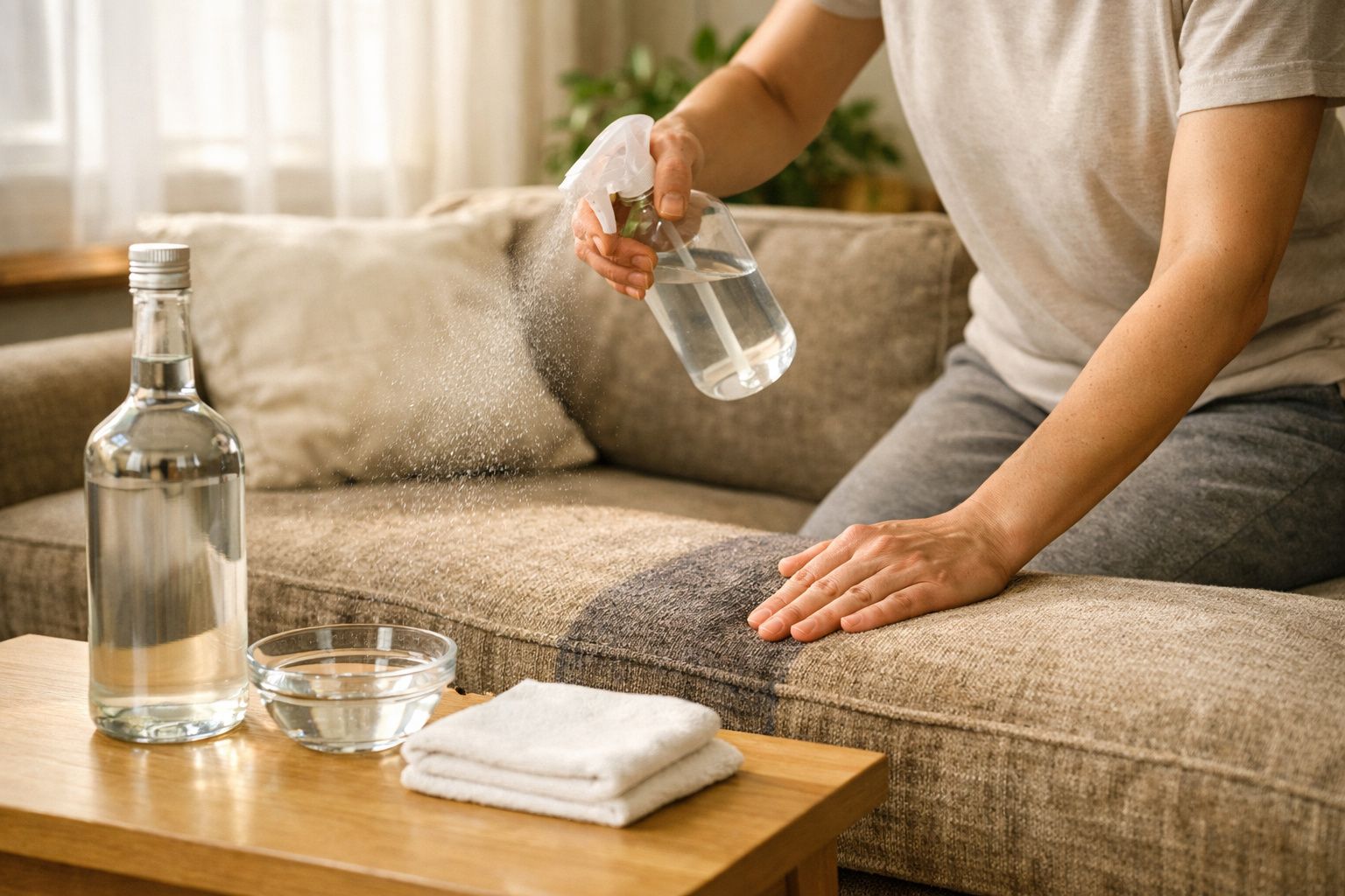 Pessoa a pulverizar líquido numa almofada do sofá para limpeza, com garrafa e toalhas numa mesa de madeira.