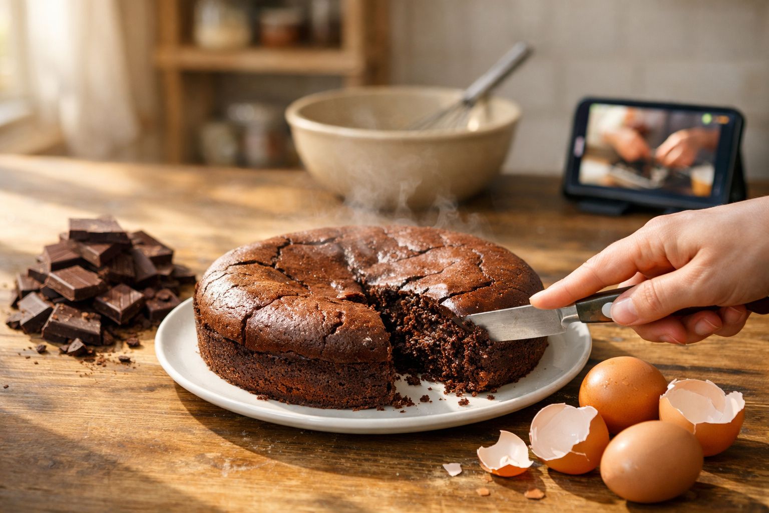 Bolo de chocolate quente e húmido sendo cortado numa mesa com ovos, chocolate e receita no telemóvel.