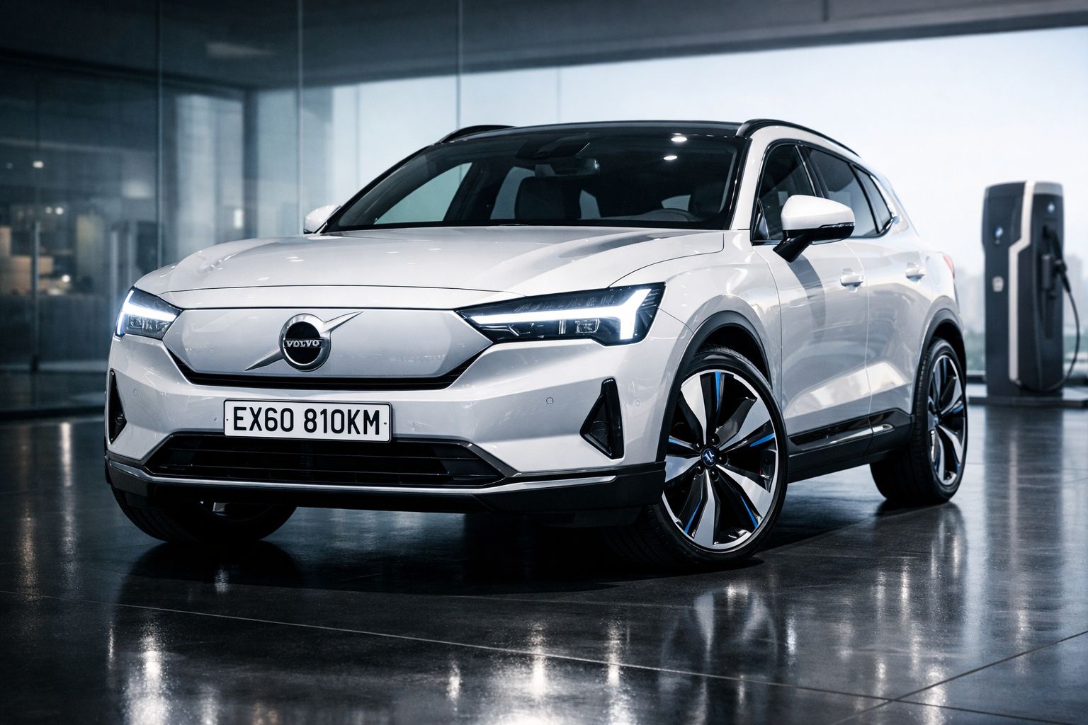 Carro elétrico Volvo branco estacionado em garagem moderna com estação de carregamento ao fundo.