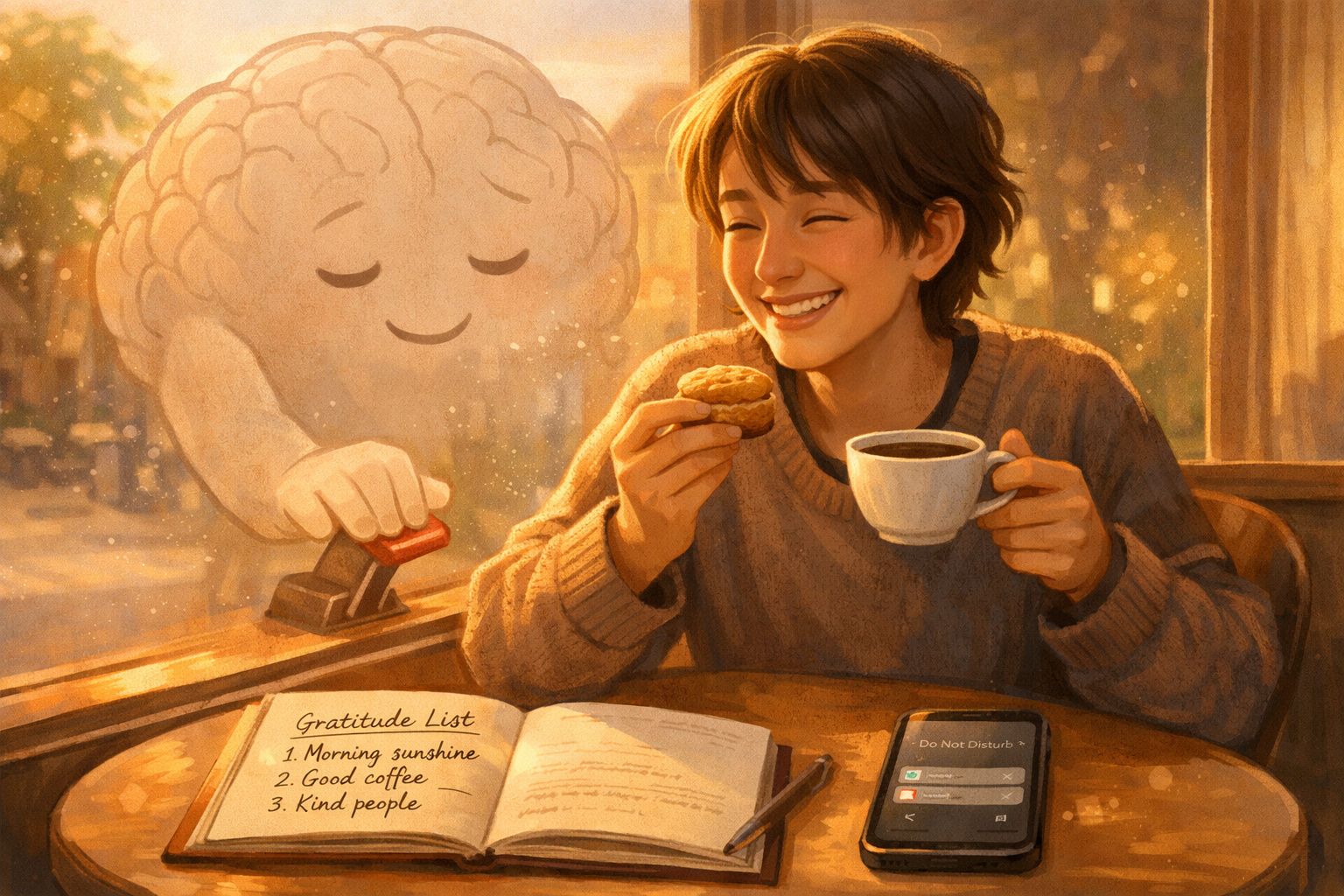 Jovem sorridente com chávena de café e bolacha, cérebro animado carimbando lista de gratidão.