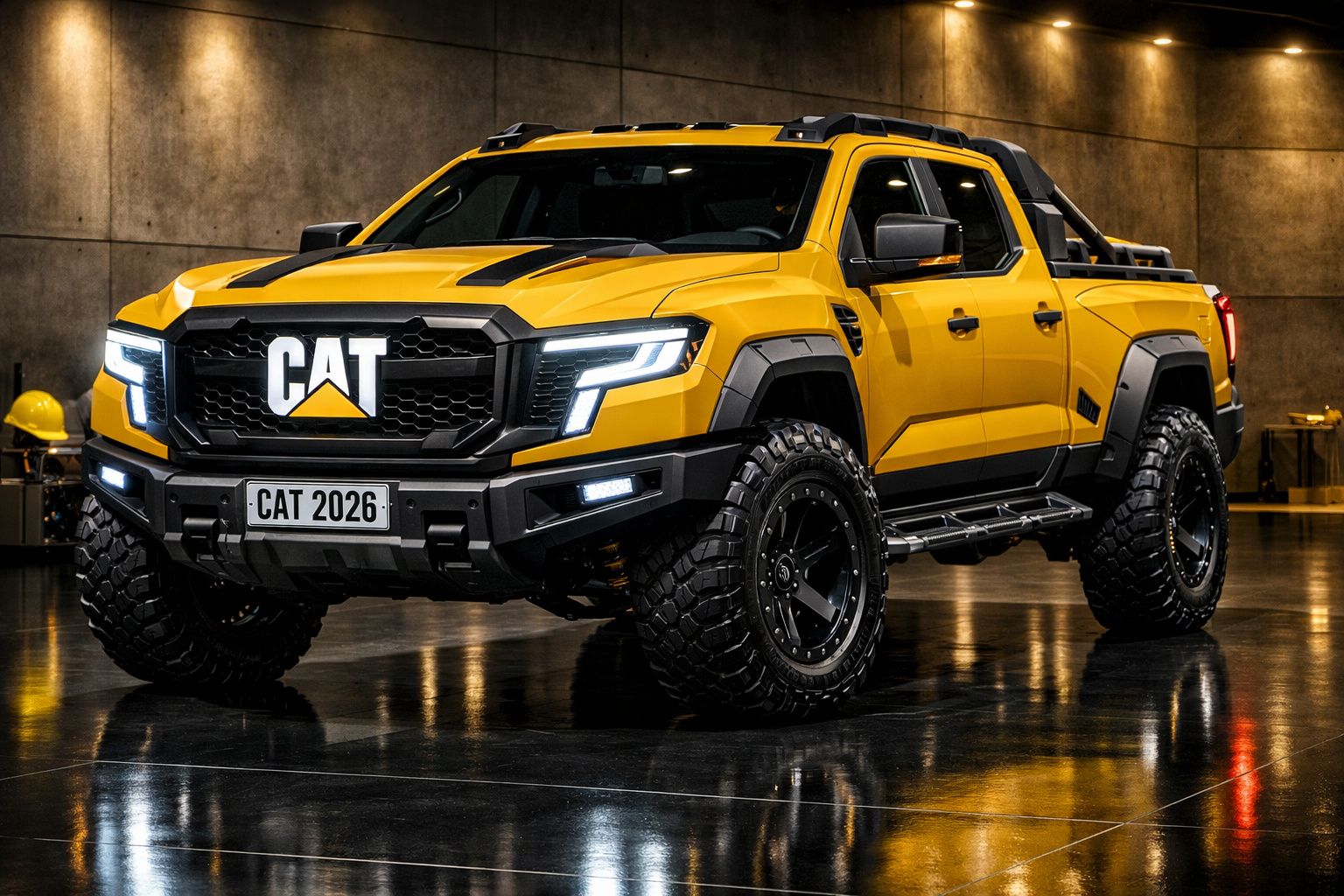 Pick-up CAT amarela robusta com pneus grandes em ambiente industrial iluminado.
