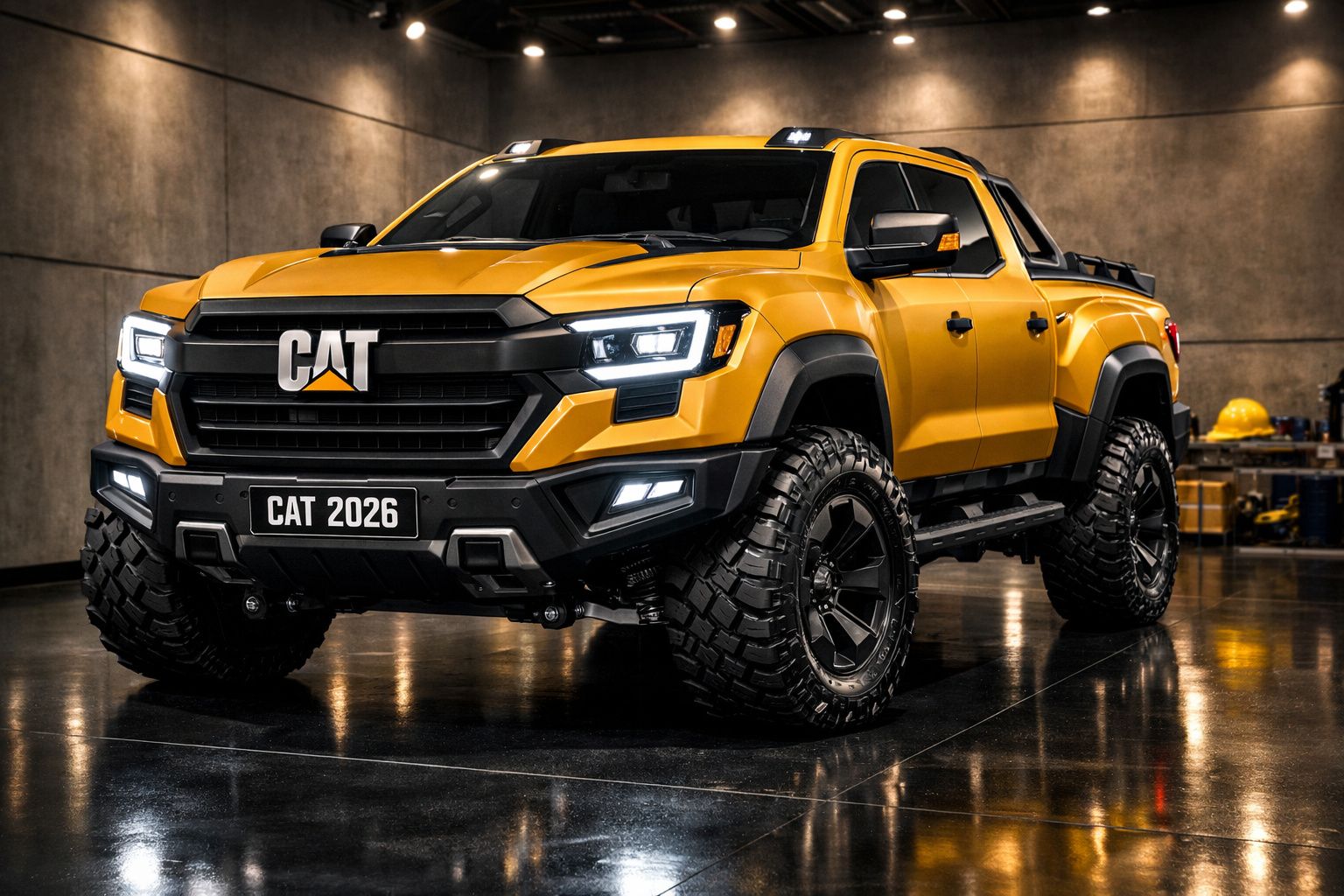 Picape amarela CAT 2026 com faróis LED e rodas grandes em ambiente industrial fechado.