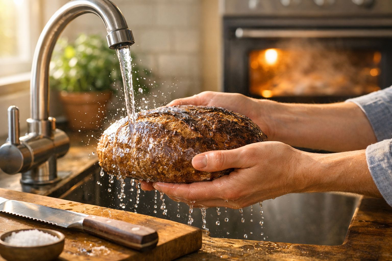 Pão rústico a ser lavado com água corrente por duas mãos sobre uma pia numa cozinha.