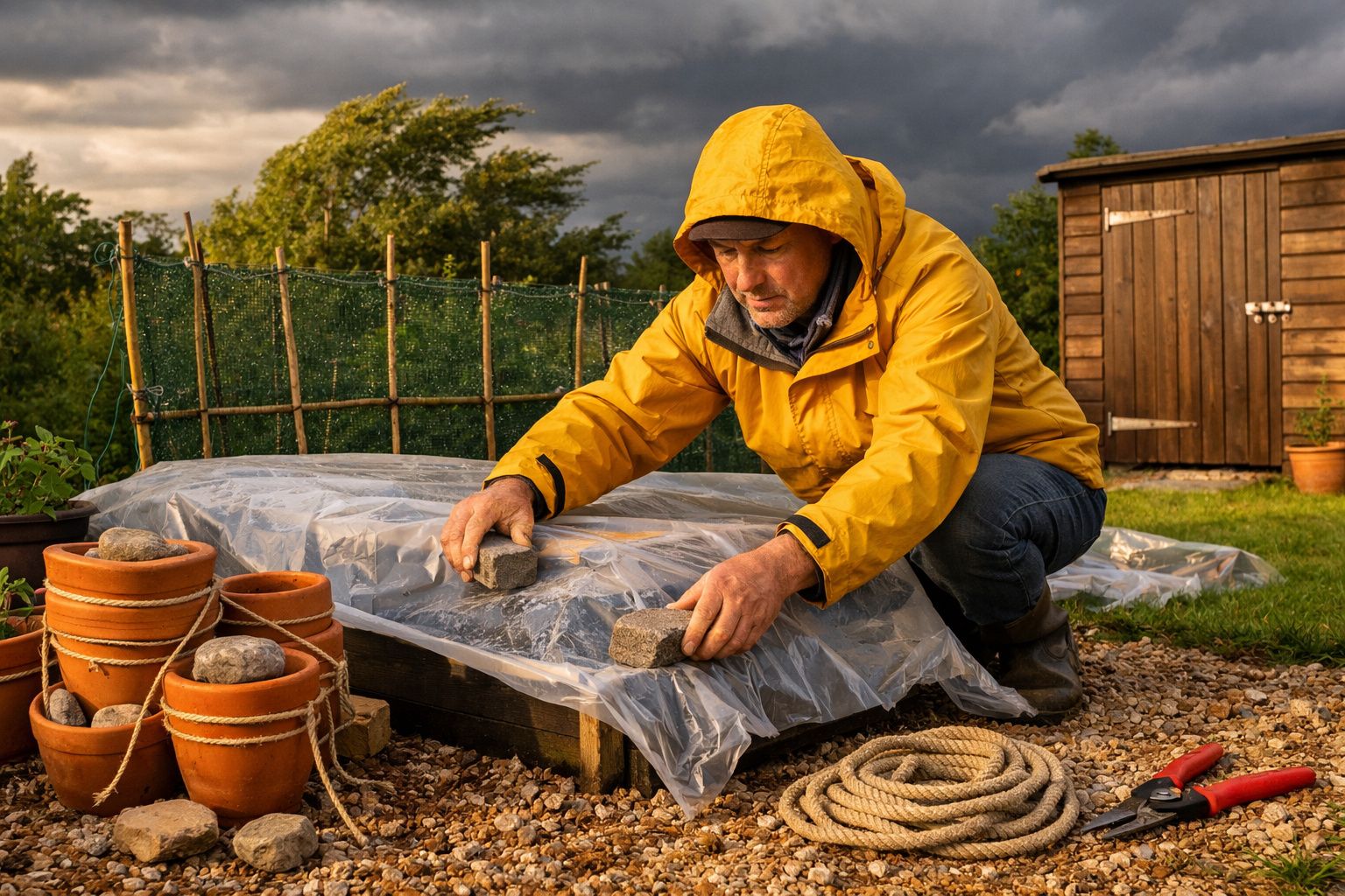 Homem com casaco amarelo cobre canteiro de jardim com plástico e pedras num dia nublado.