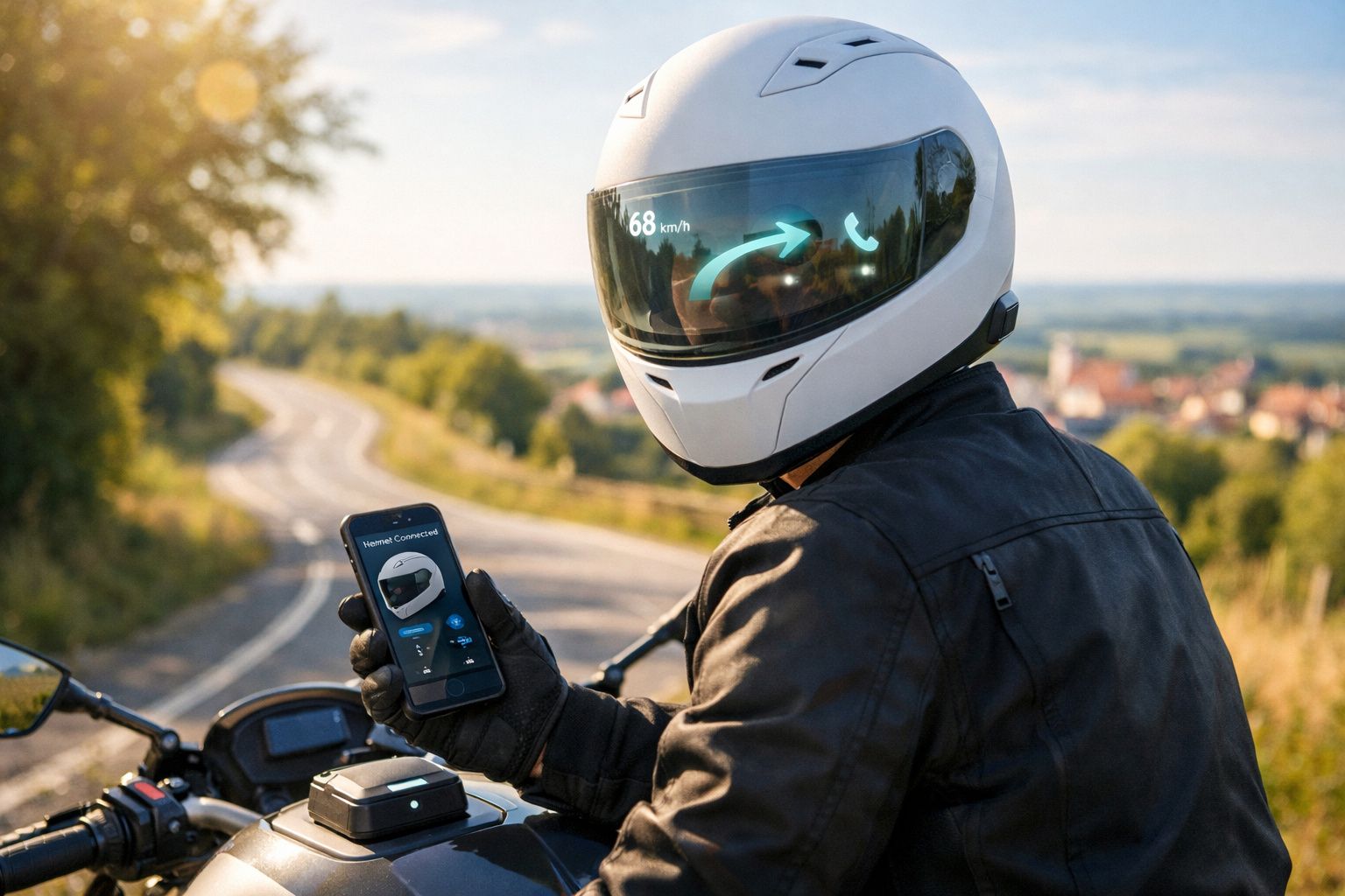 Motociclista com capacete inteligente e visor digital que mostra velocidade e chamadas enquanto segura um telemóvel.