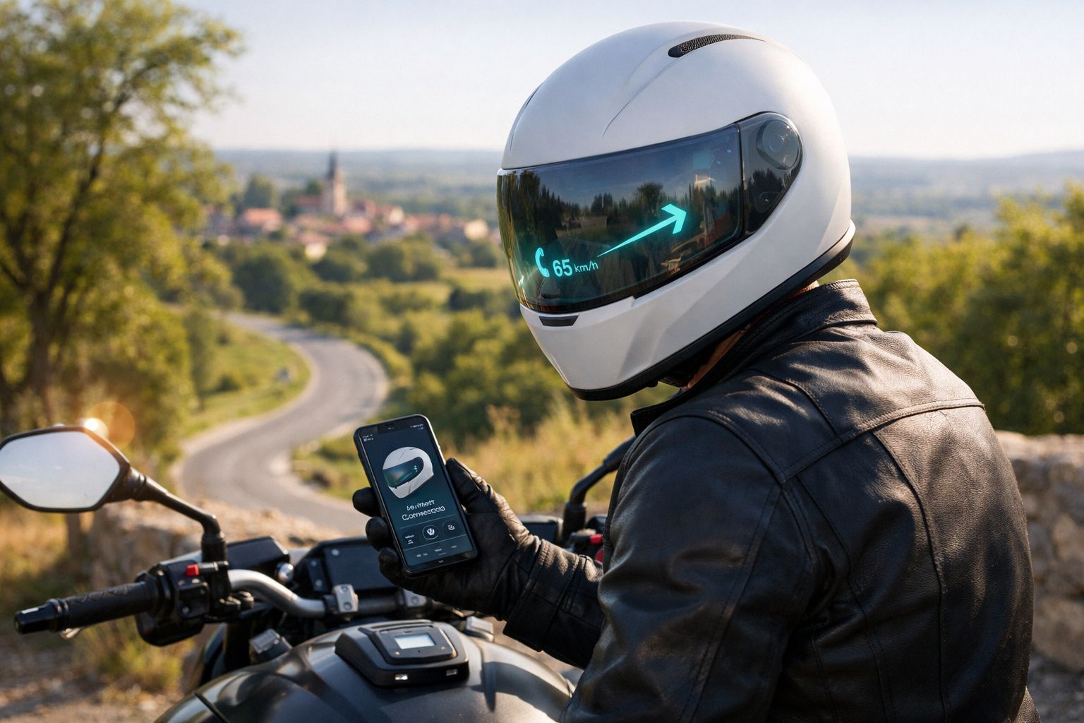 Motociclista de capacete branco com display digital no viseira verifica smartphone numa paisagem campestre.