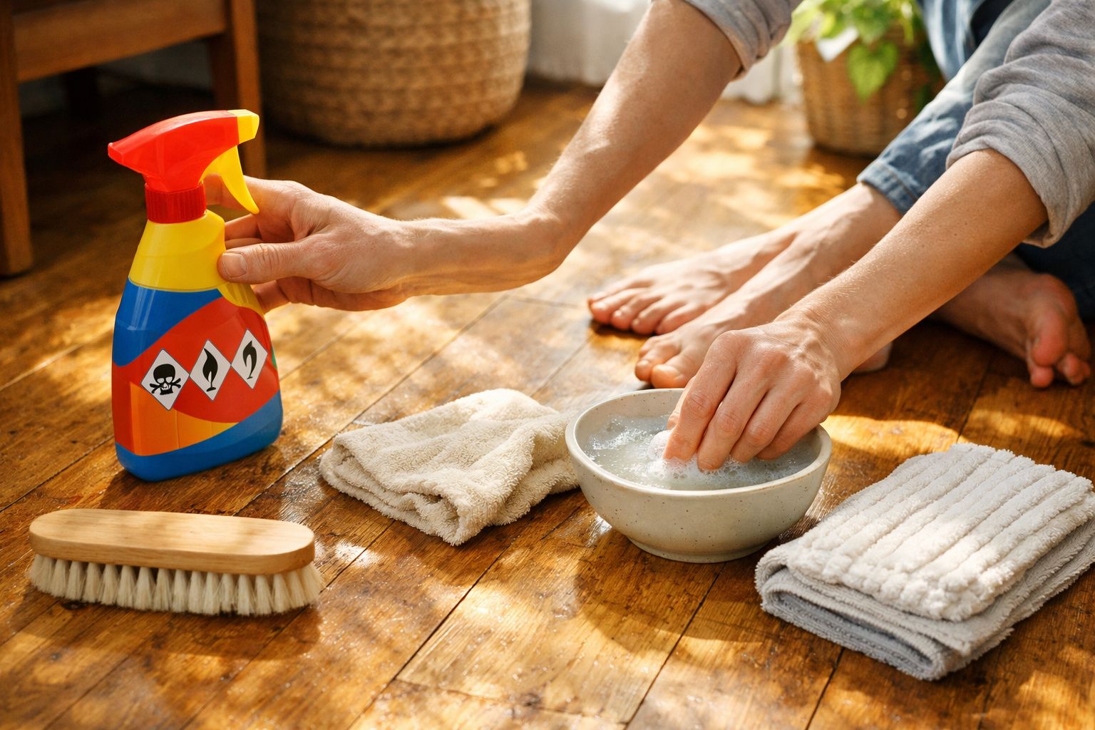 Pessoa a limpar chão de madeira com spray, escova, esfregona e balde com água e sabão.