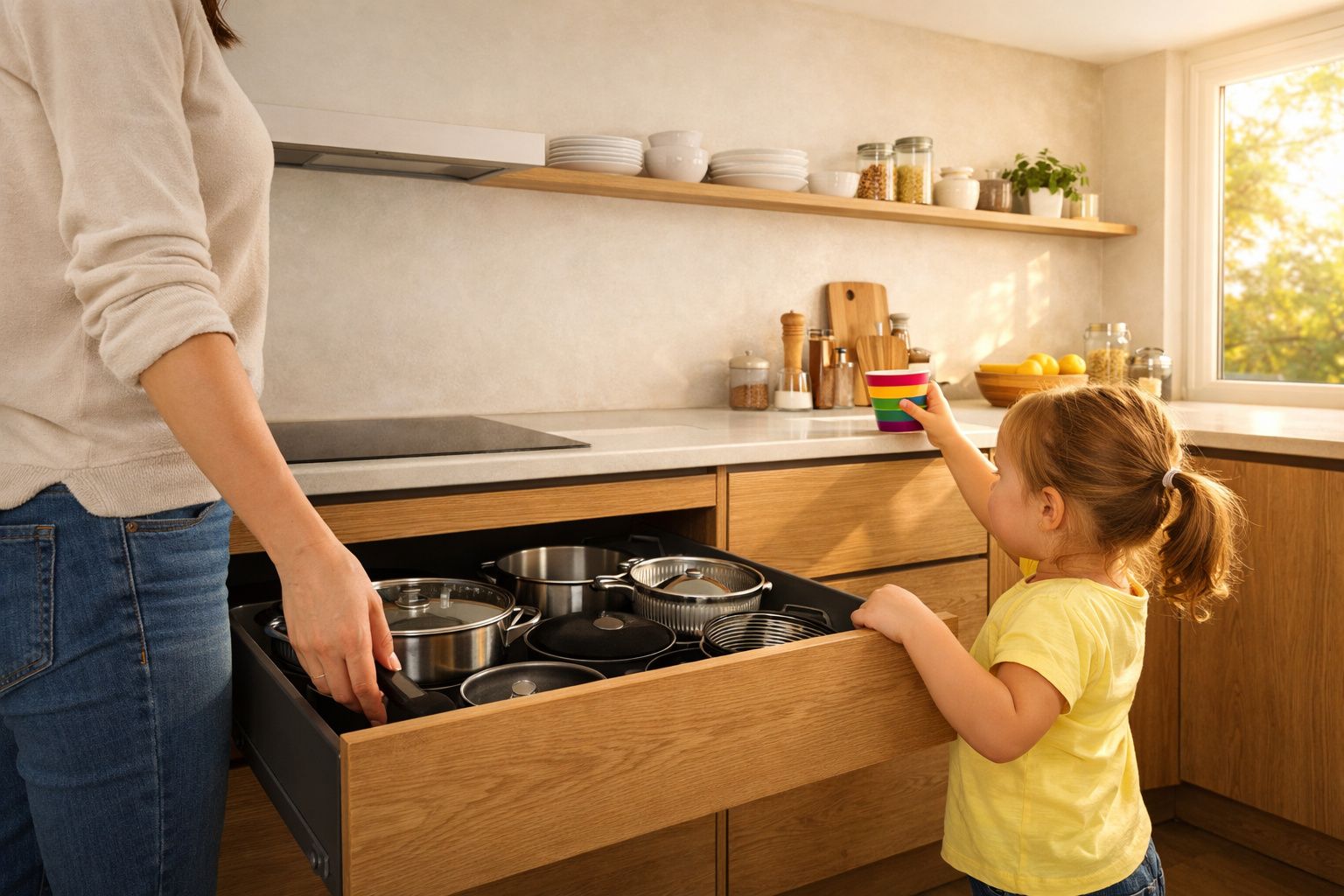 Menina a pedir um copo de bebida enquanto um adulto abre uma gaveta com tachos numa cozinha moderna.