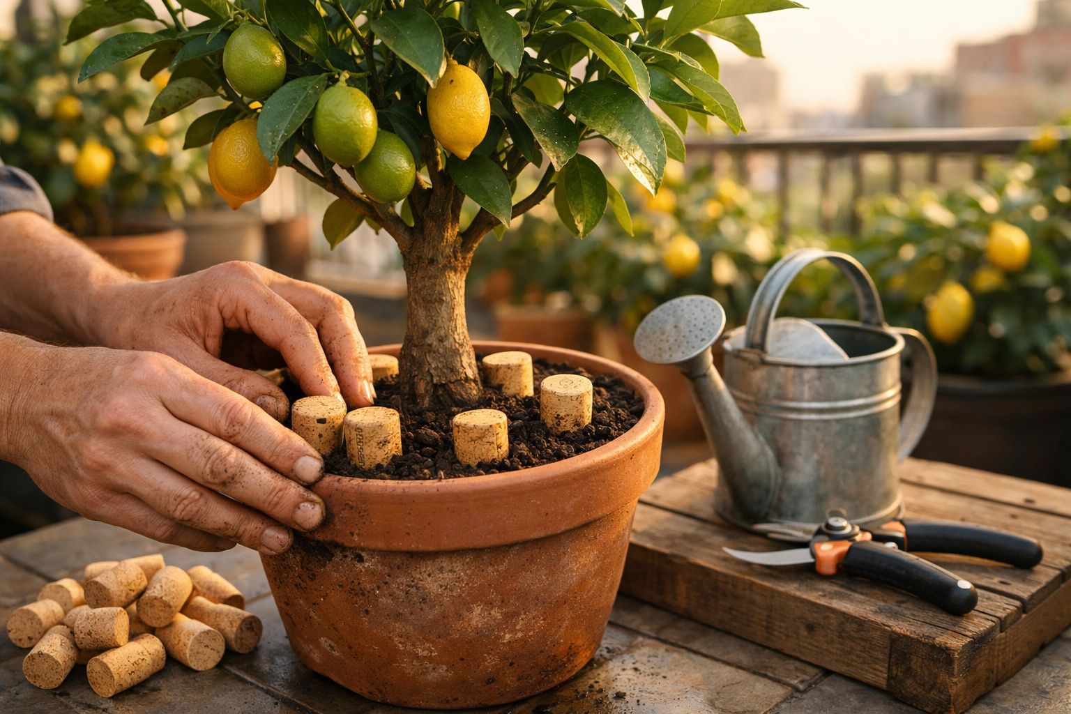 Mãos a plantar rolhas em vaso com limoeiro, regador e tesoura de poda numa varanda ao pôr do sol.