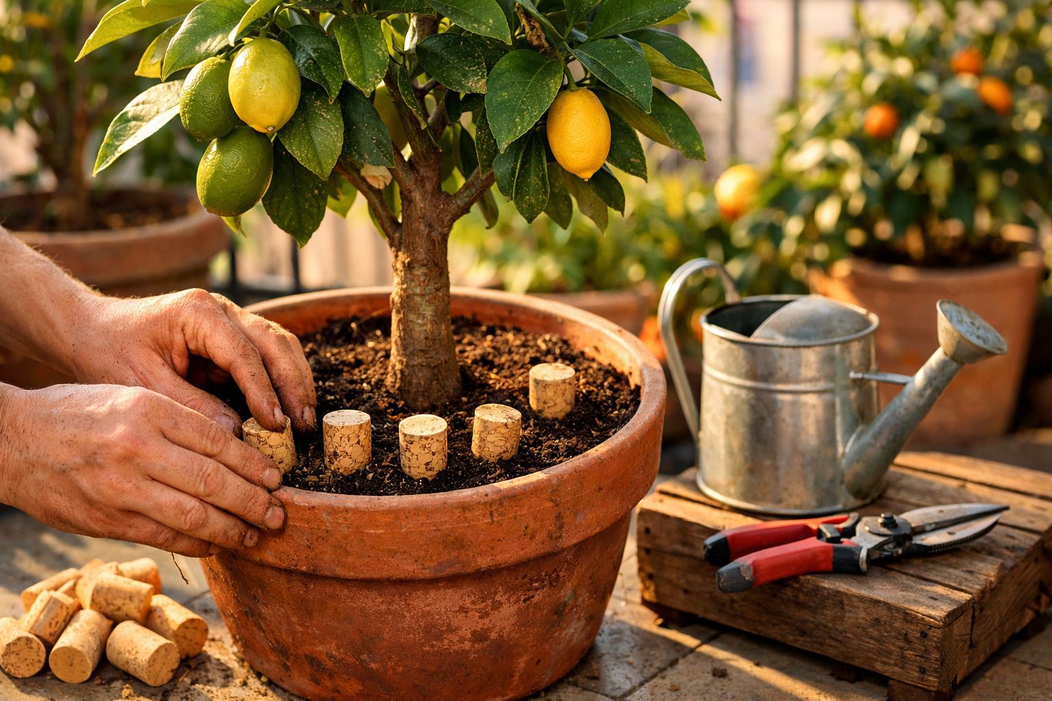 Mãos a colocar rolhas de cortiça no vaso de uma árvore de limão, ao lado de regador e tesoura de poda.