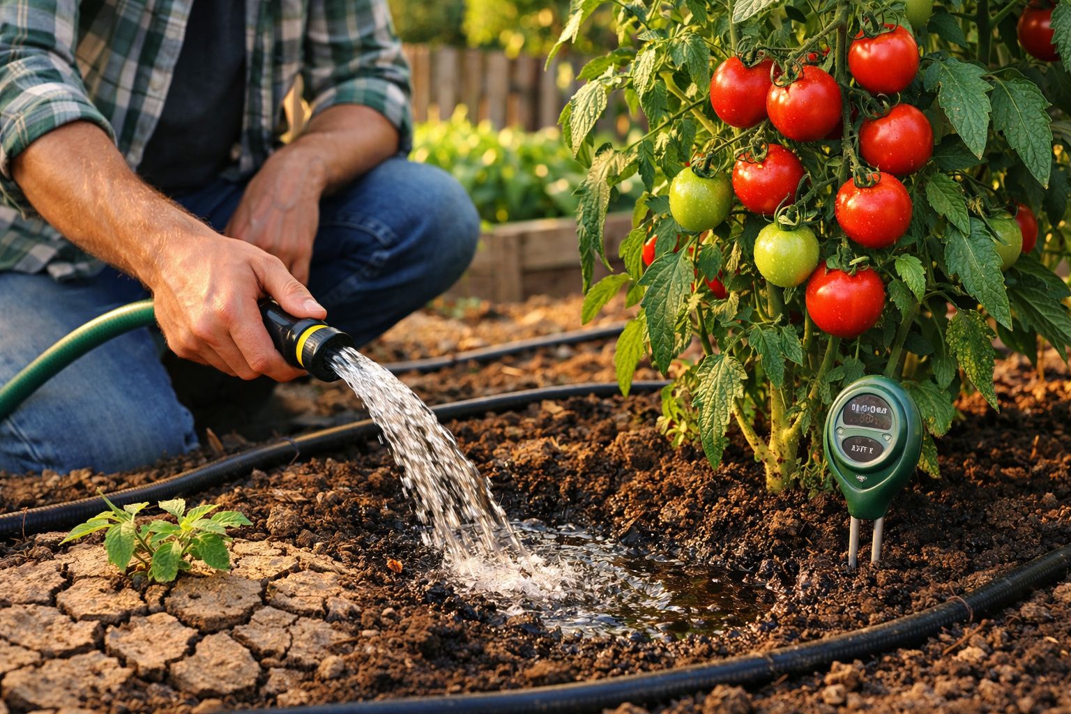 Pessoa a regar plantas de tomateiros com mangueira num jardim com solo seco.