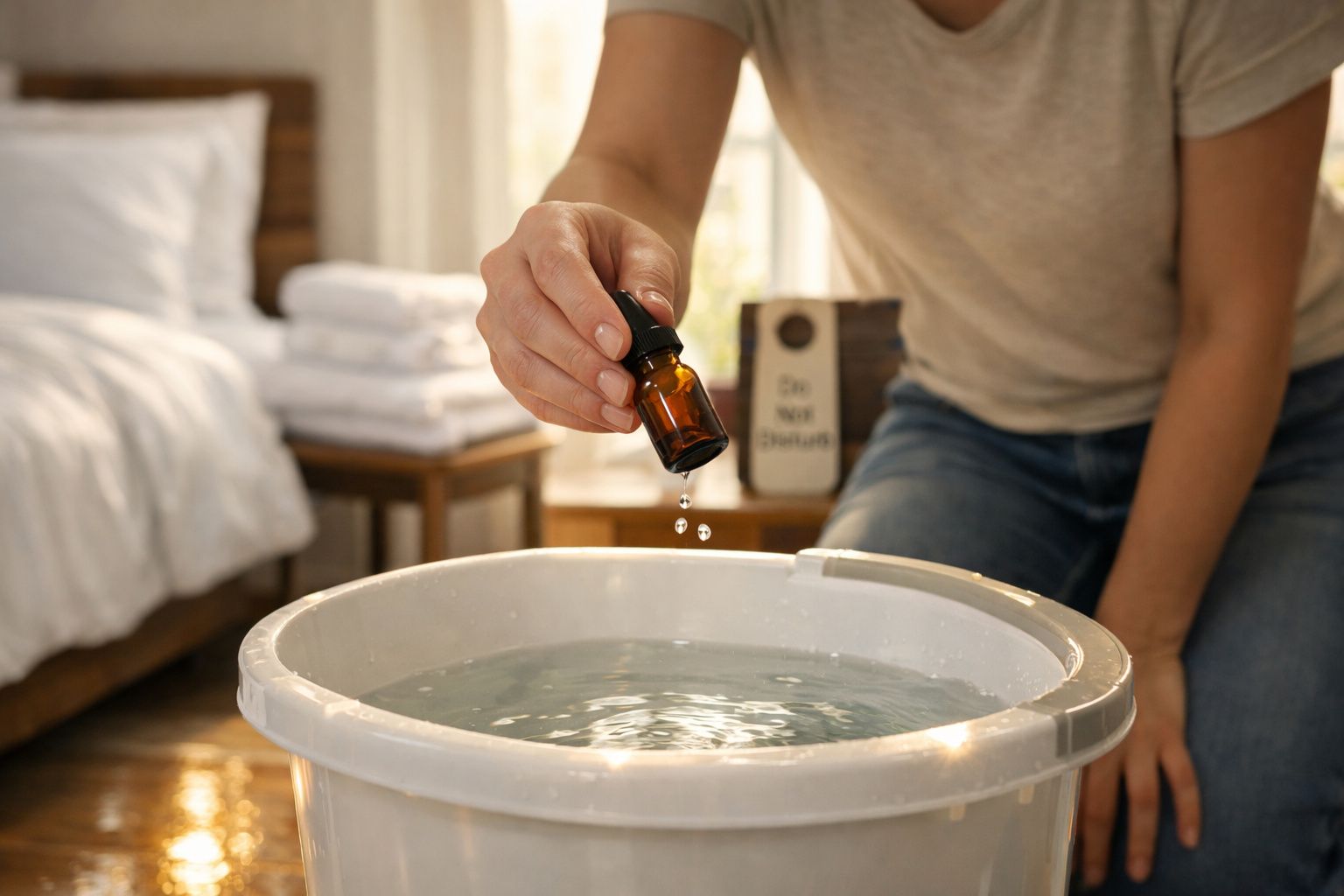 Pessoa a adicionar gotas de óleo essencial em água num balde branco dentro de um quarto.