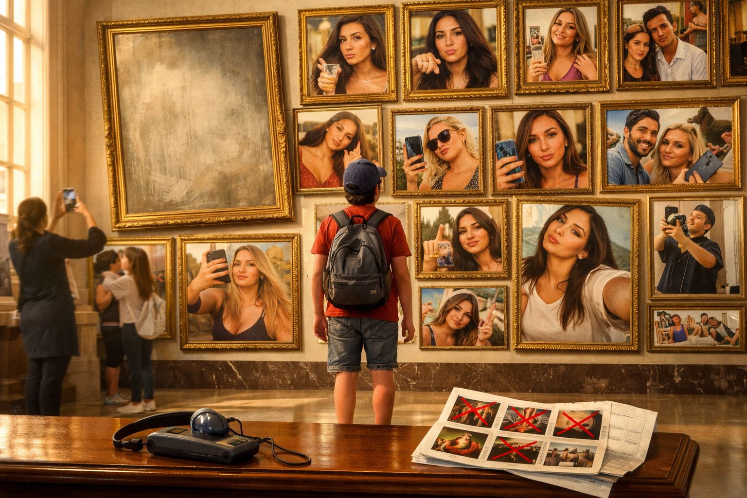 Criança observa parede de museu com vários retratos emoldurados de pessoas a tirar selfies com telemóveis.