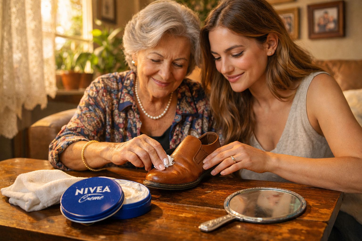Avó e neta limpam e tratam em conjunto sapato de couro castanho à mesa da sala.