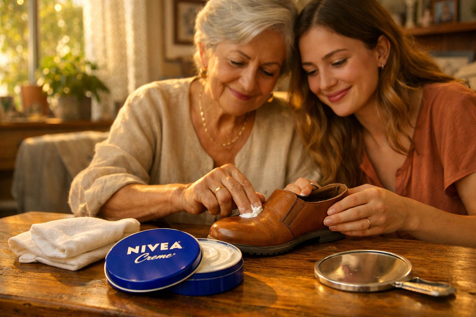 Duas mulheres sorridentes limpando e a brilhar um sapato castanho com creme Nivea numa mesa de madeira.