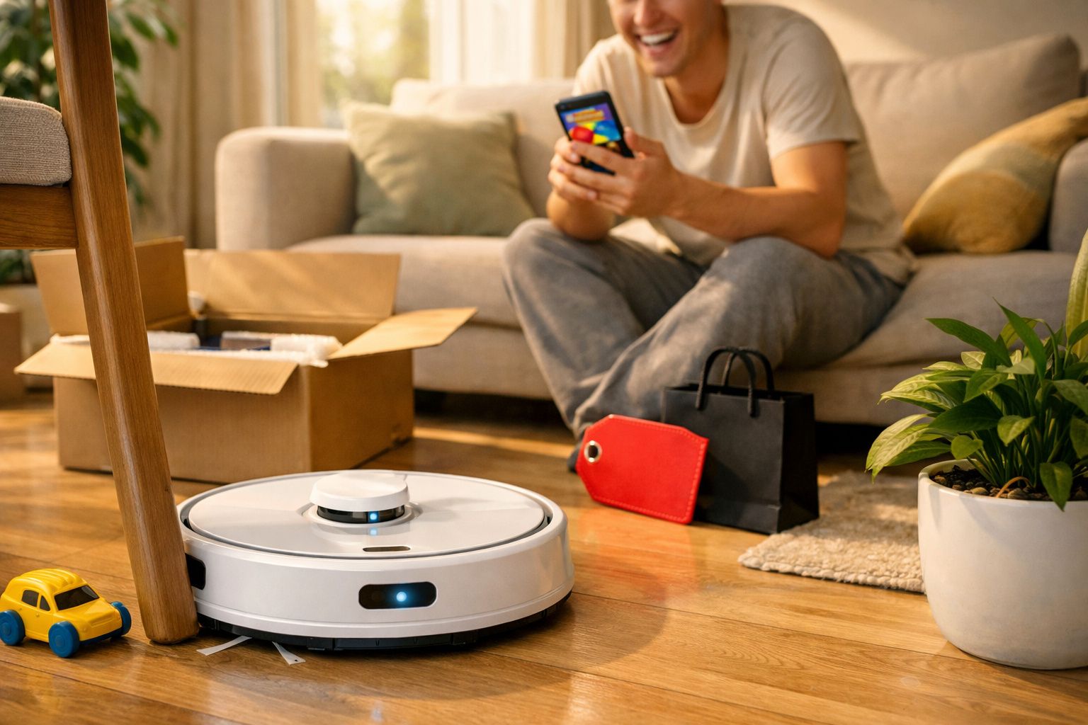 Homem sentado no sofá a usar telemóvel enquanto robô aspirador limpa chão de madeira.