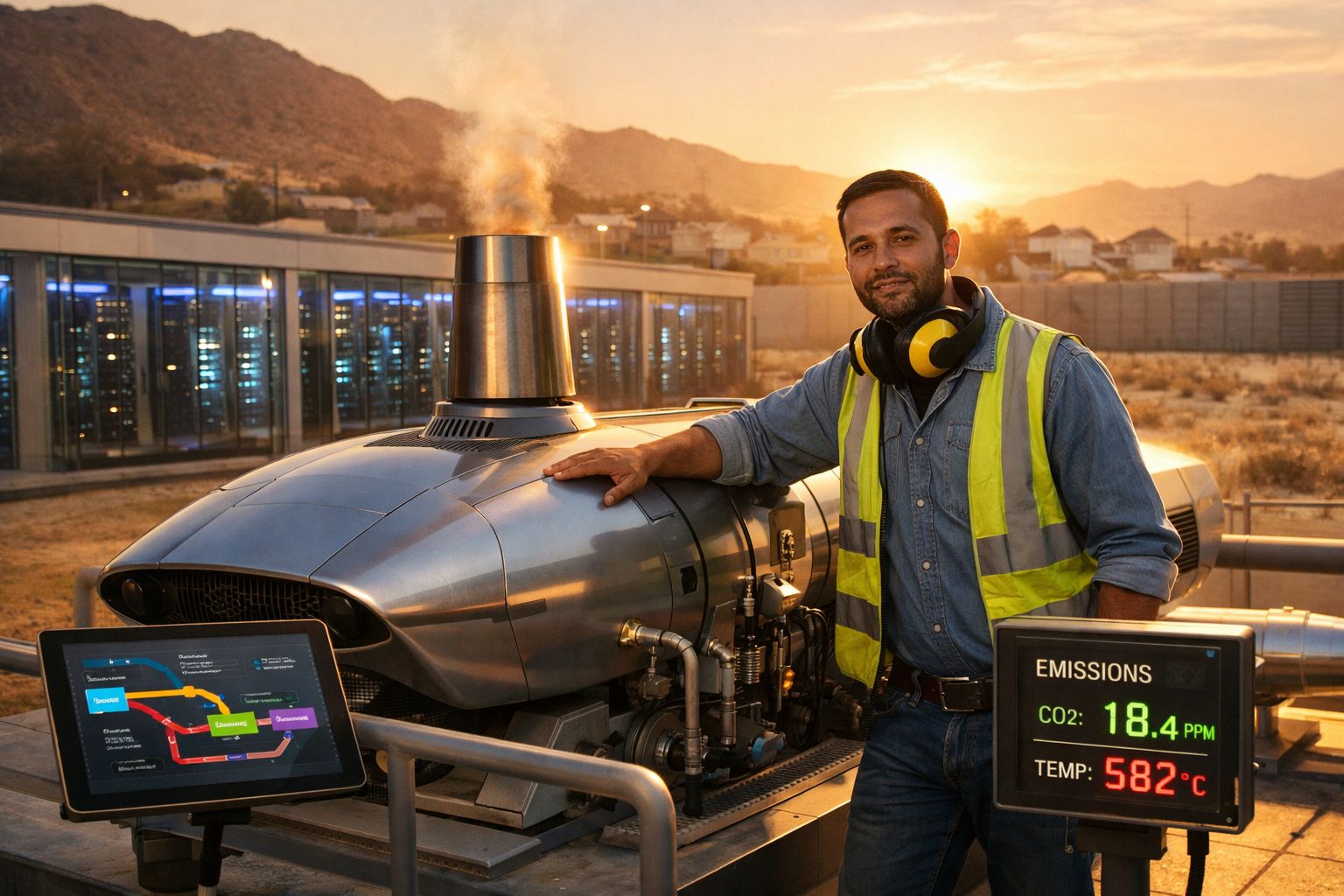 Homem com colete refletor controla emissões de CO2 e temperatura em máquina industrial ao pôr do sol.