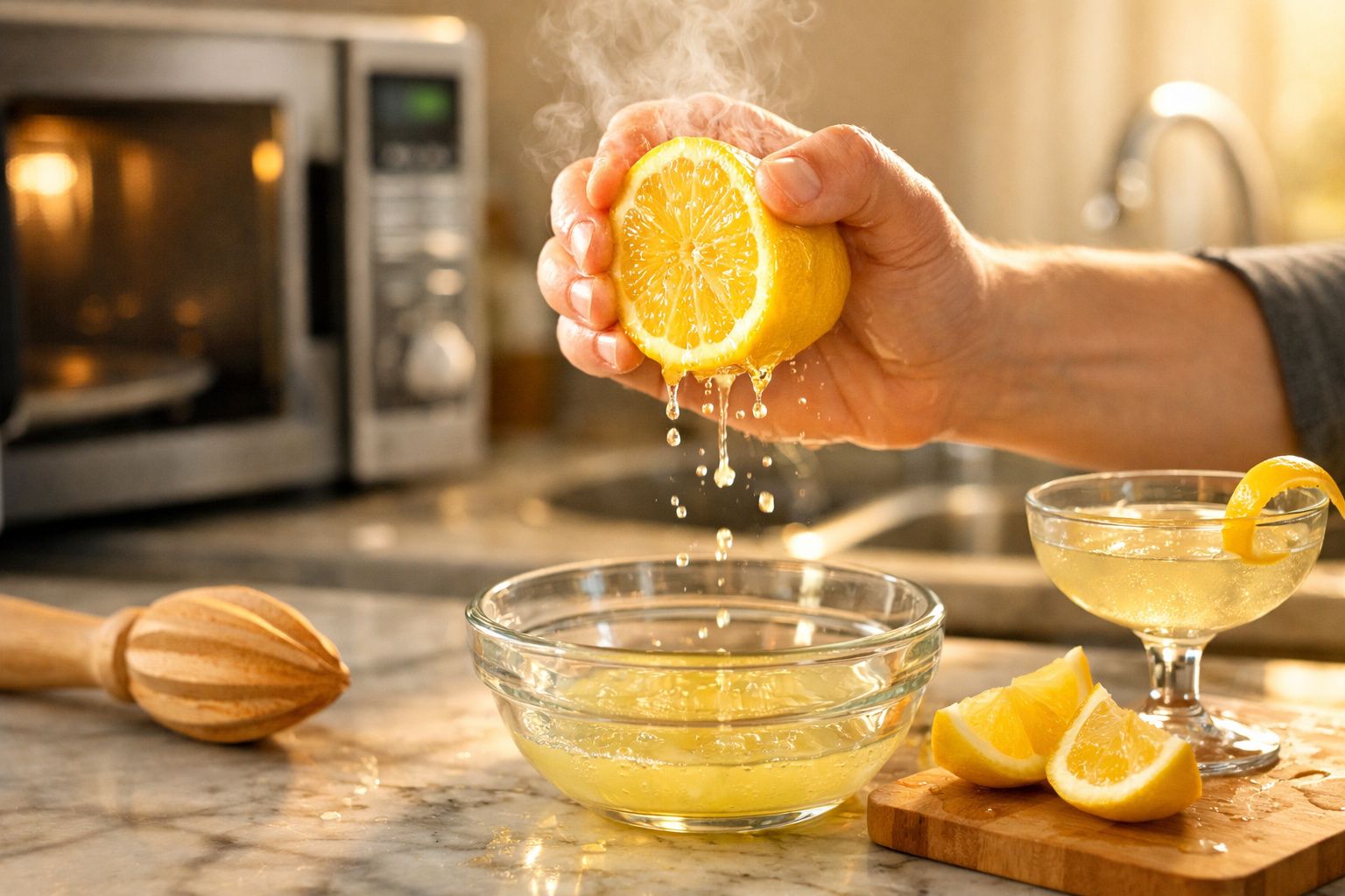 Mão a espremer um limão sobre uma tigela de vidro numa cozinha com fatias de limão e bebida ao lado.
