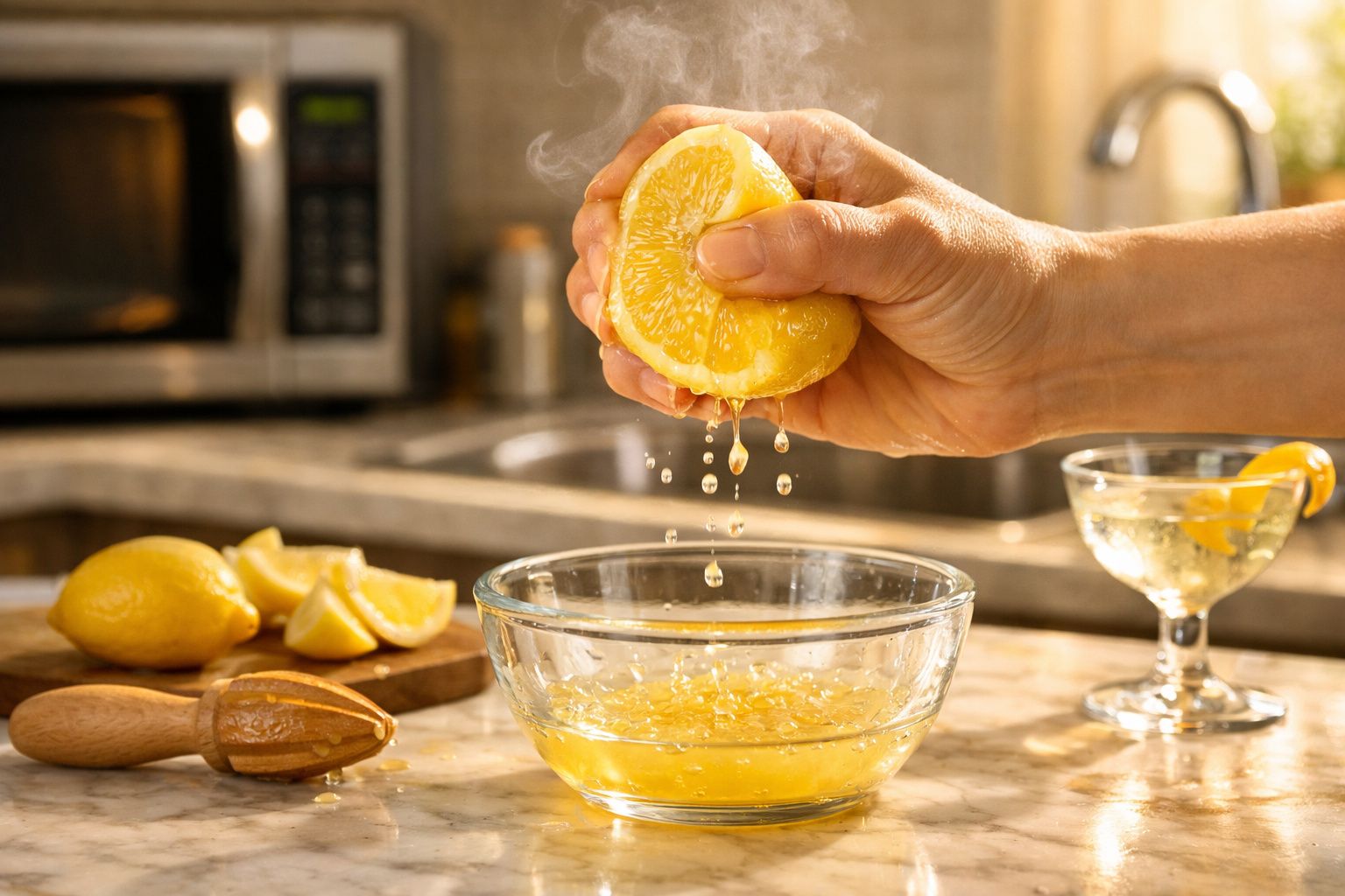 Mão a espremer sumo de limão em taça de vidro, com limões e espremedor na bancada da cozinha.