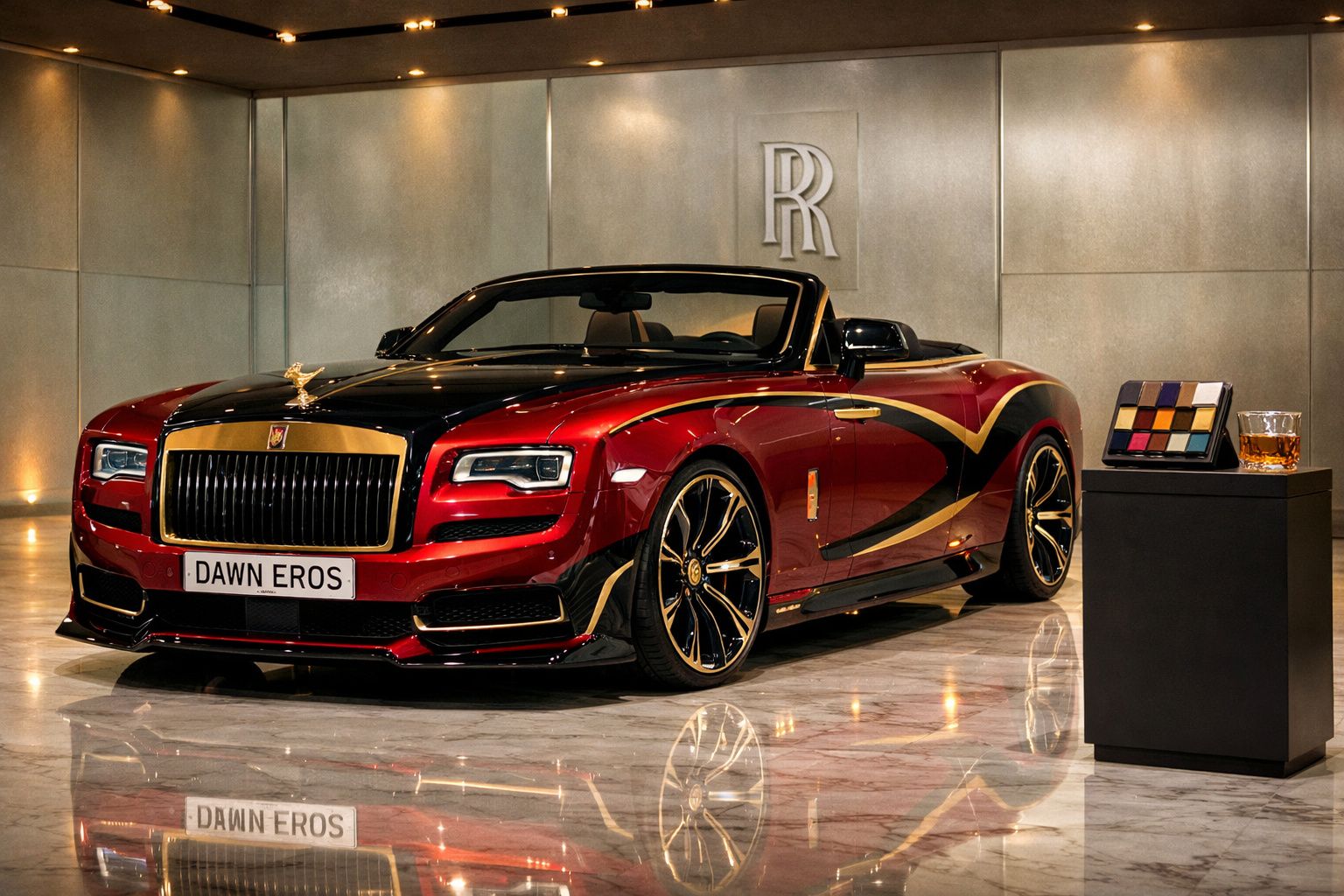 Carro de luxo conversível Rolls-Royce Dawn Eros vermelho e preto com detalhes dourados em exposição interior.