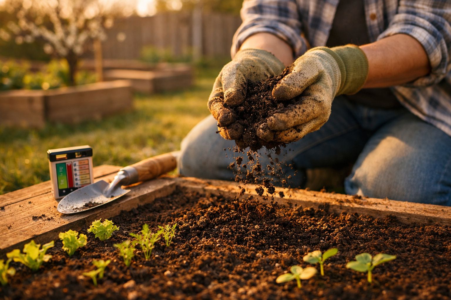 Mãos com luvas seguram terra num canteiro de madeira com pequenas plantas e ferramentas de jardinagem.