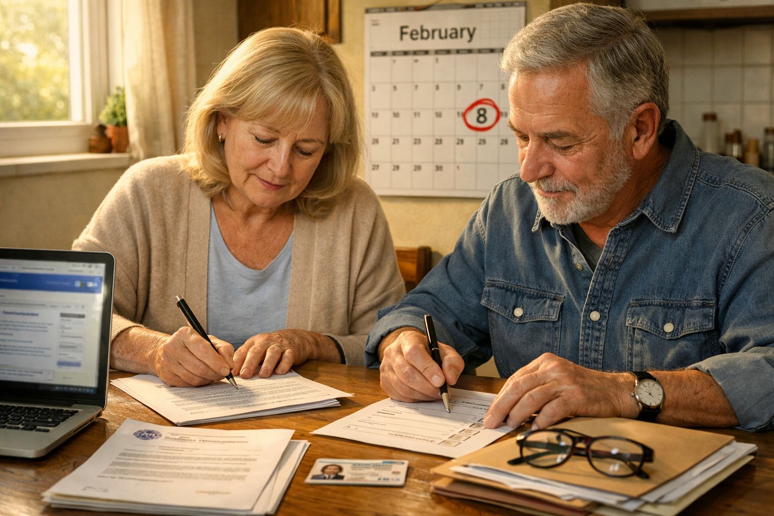 Casal sénior sentado a preencher documentos numa mesa com laptop e calendário ao fundo.