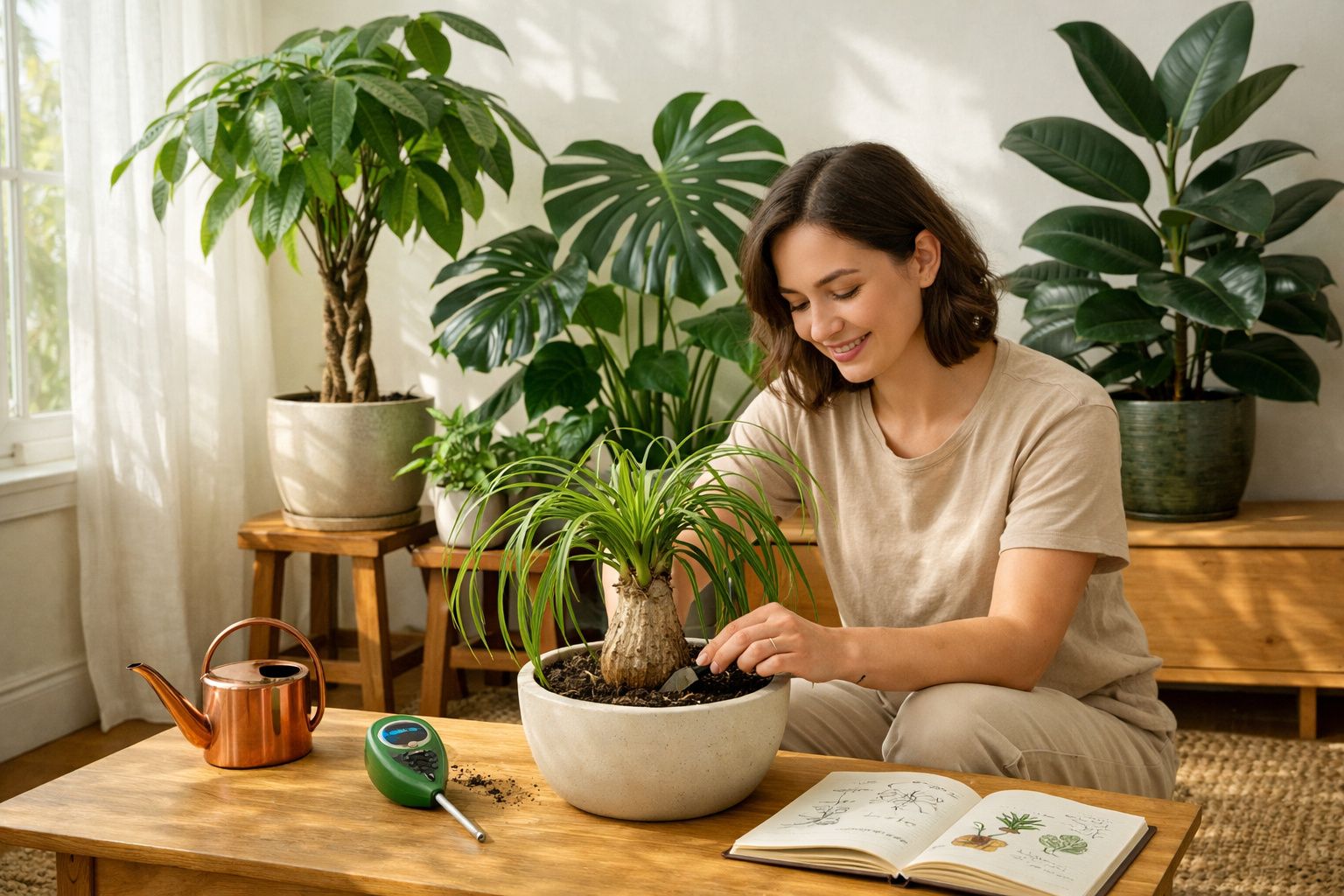 Mulher sorridente a cuidar de planta numa sala com várias plantas e luz natural.