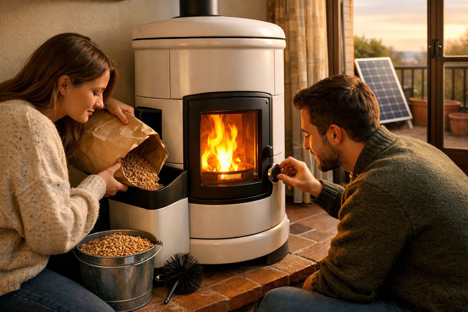 Casal a alimentar e ajustar uma salamandra a pellets numa sala acolhedora ao fim da tarde.