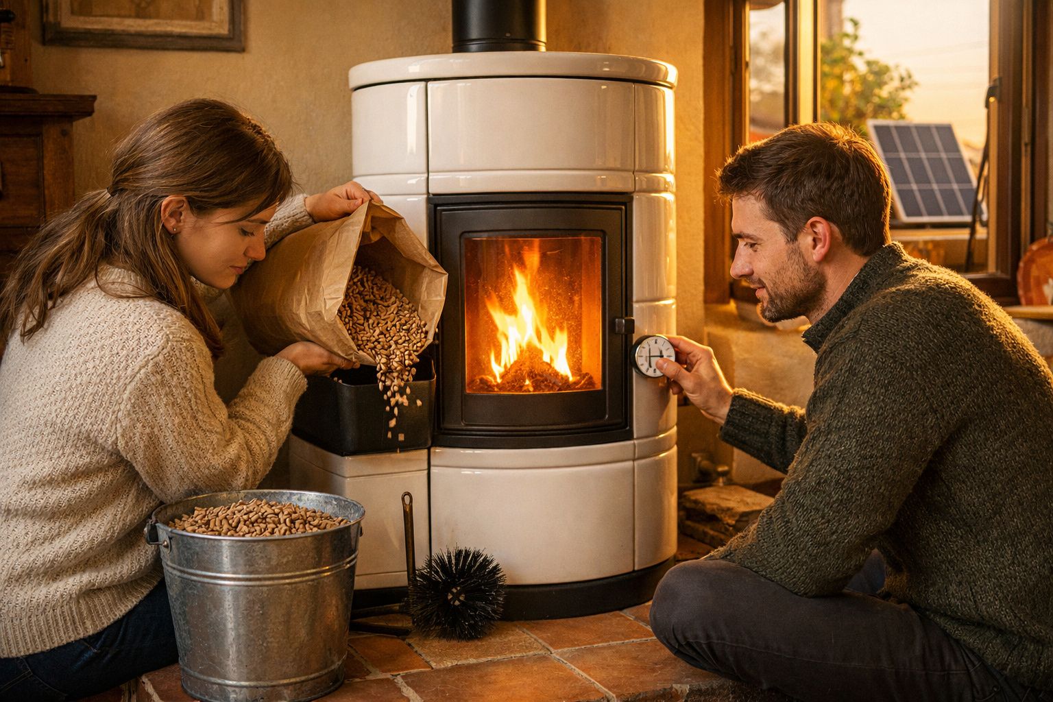 Mulher a deitar pellets numa salamandra enquanto homem regula o termóstato, calor e ambiente cómodo.