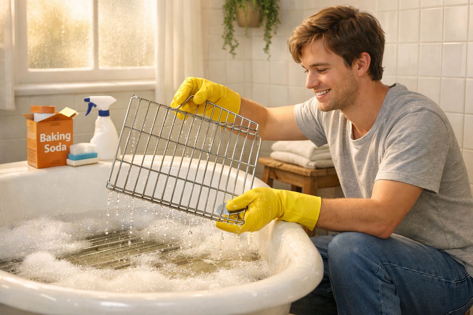 Homem a lavar uma grelha metálica com luvas amarelas numa banheira cheia de espuma.