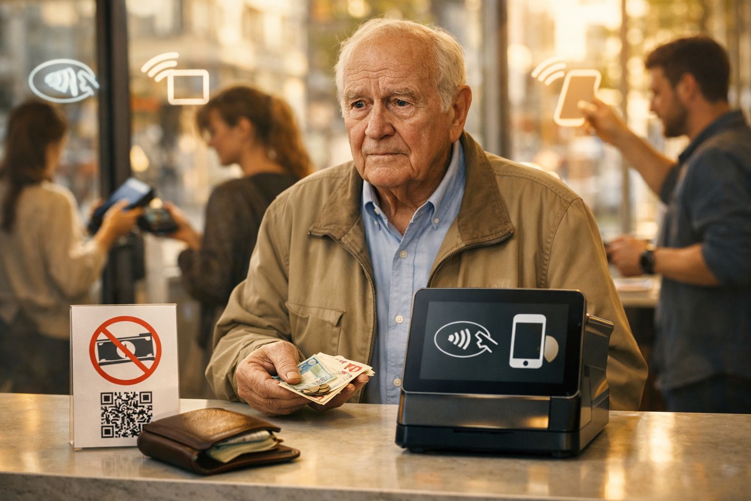 Homem mais velho paga com dinheiro numa caixa de pagamento que indica aceitação de pagamento contactless.