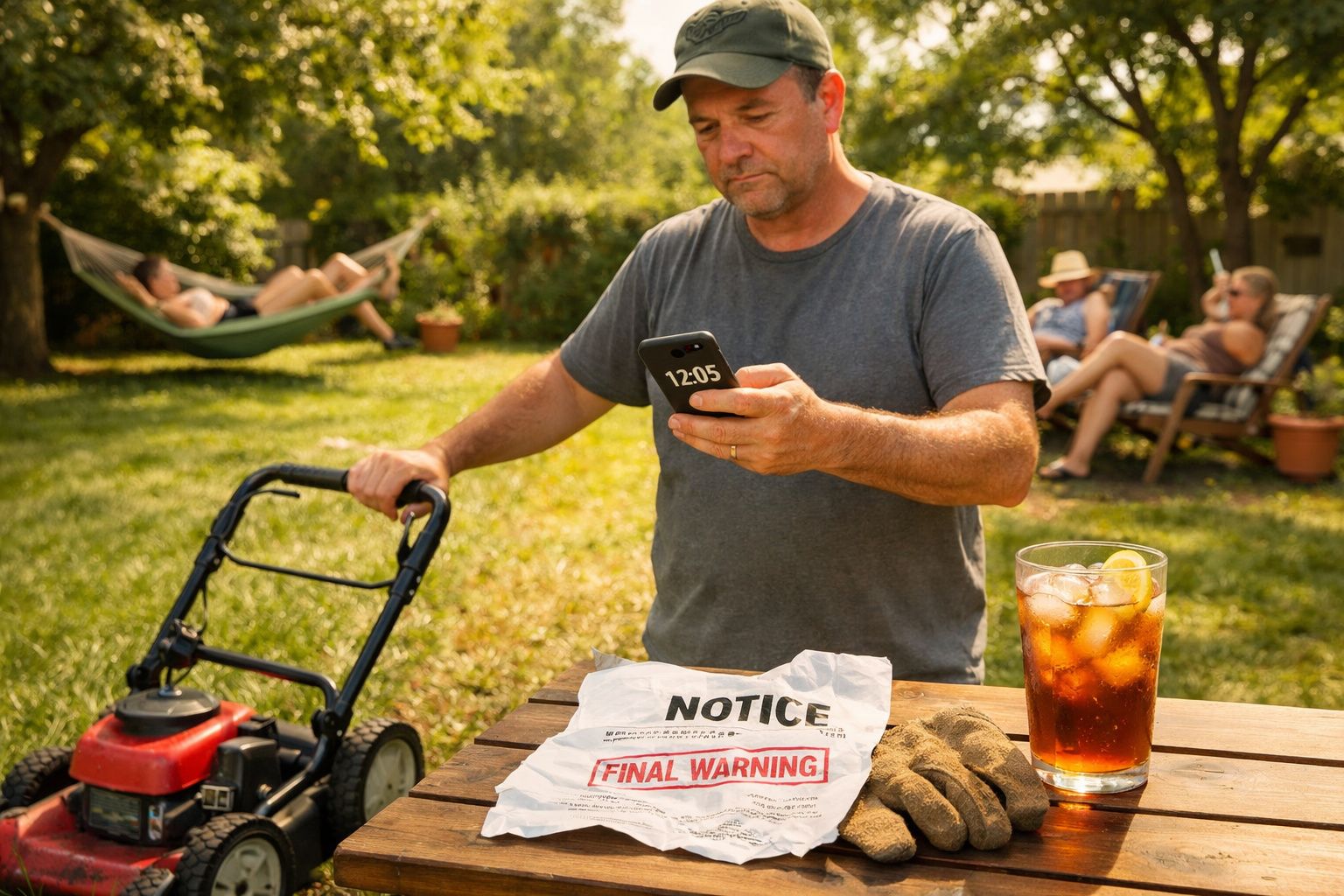 Homem a cortar relva com cortador na mão e a olhar para o telemóvel, com papel e bebida numa mesa perto.