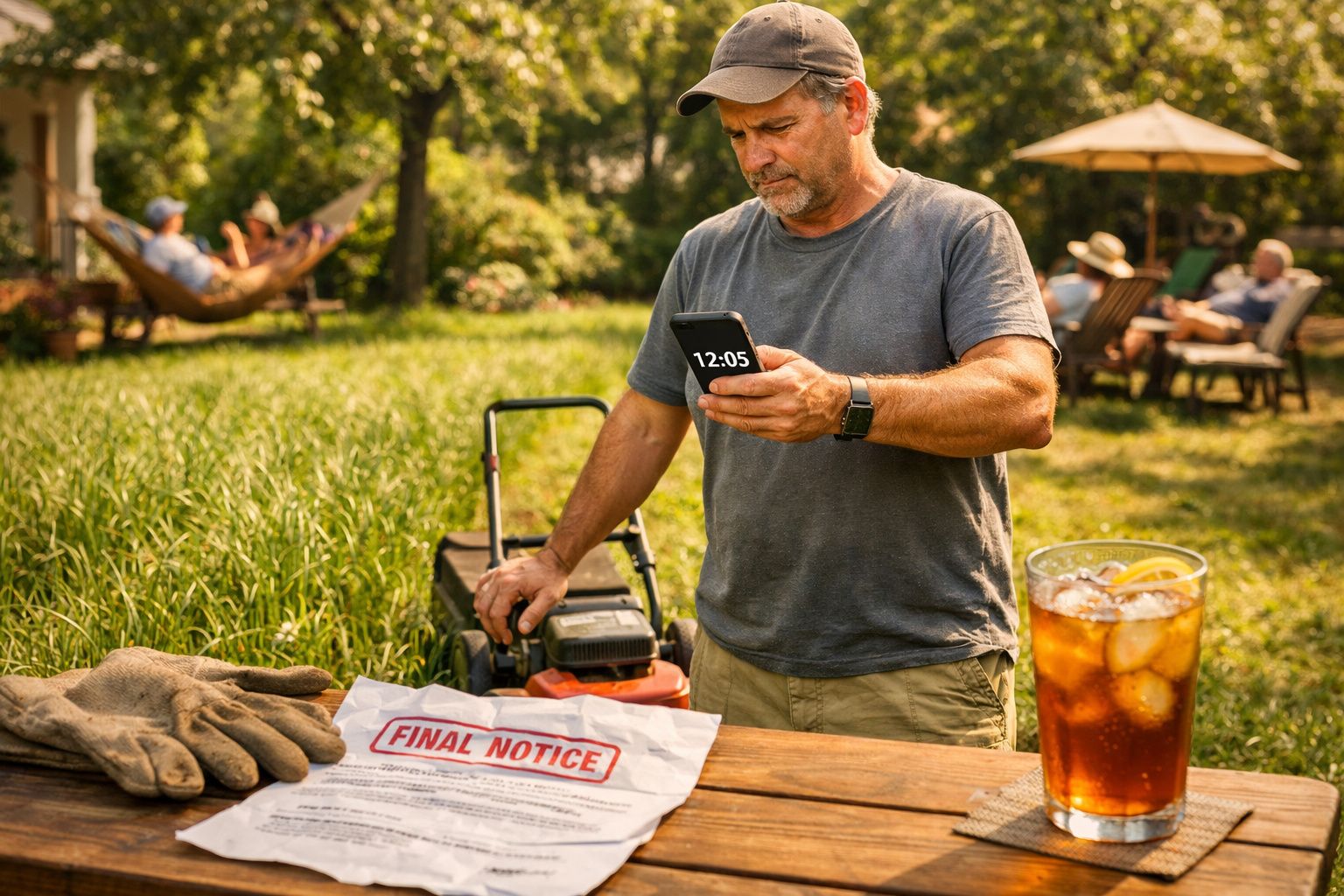 Homem lê aviso final num papel enquanto aponta cortador de relva, ao ar livre num jardim ensolarado.