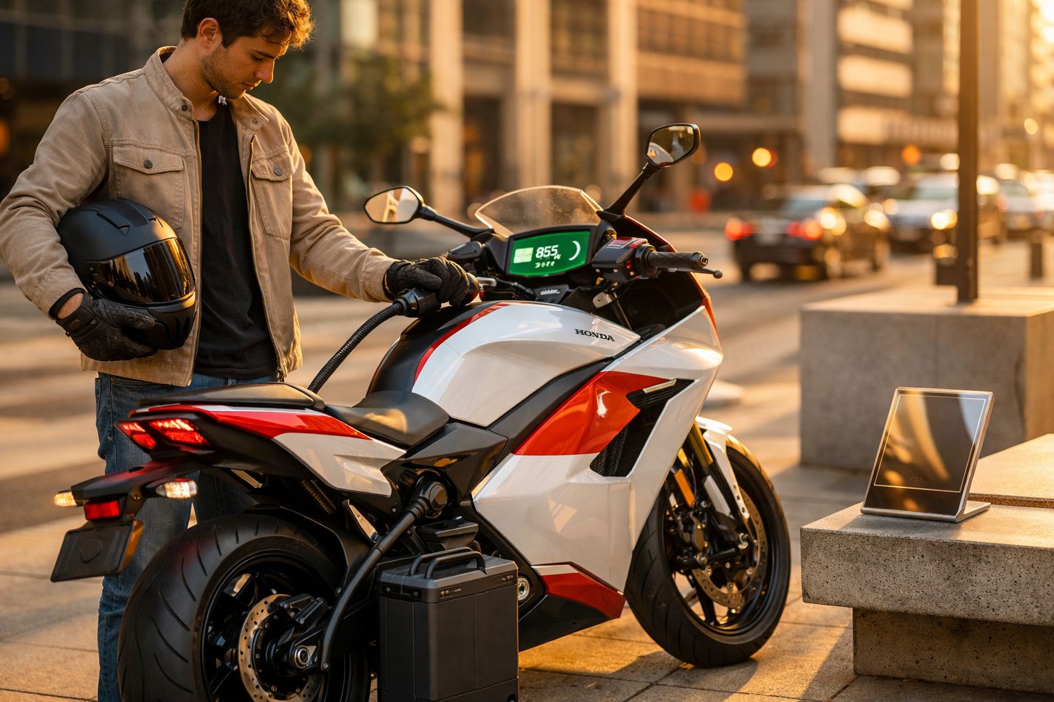 Homem a carregar mota elétrica Honda num posto de carregamento urbano ao entardecer.
