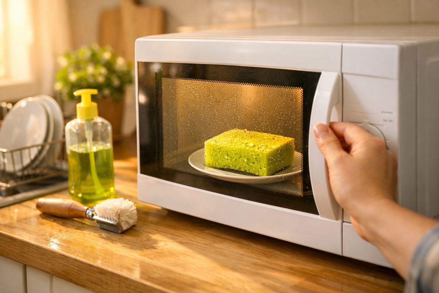 Pessoa a colocar esponja verde no micro-ondas na cozinha com detergente e escova à vista.