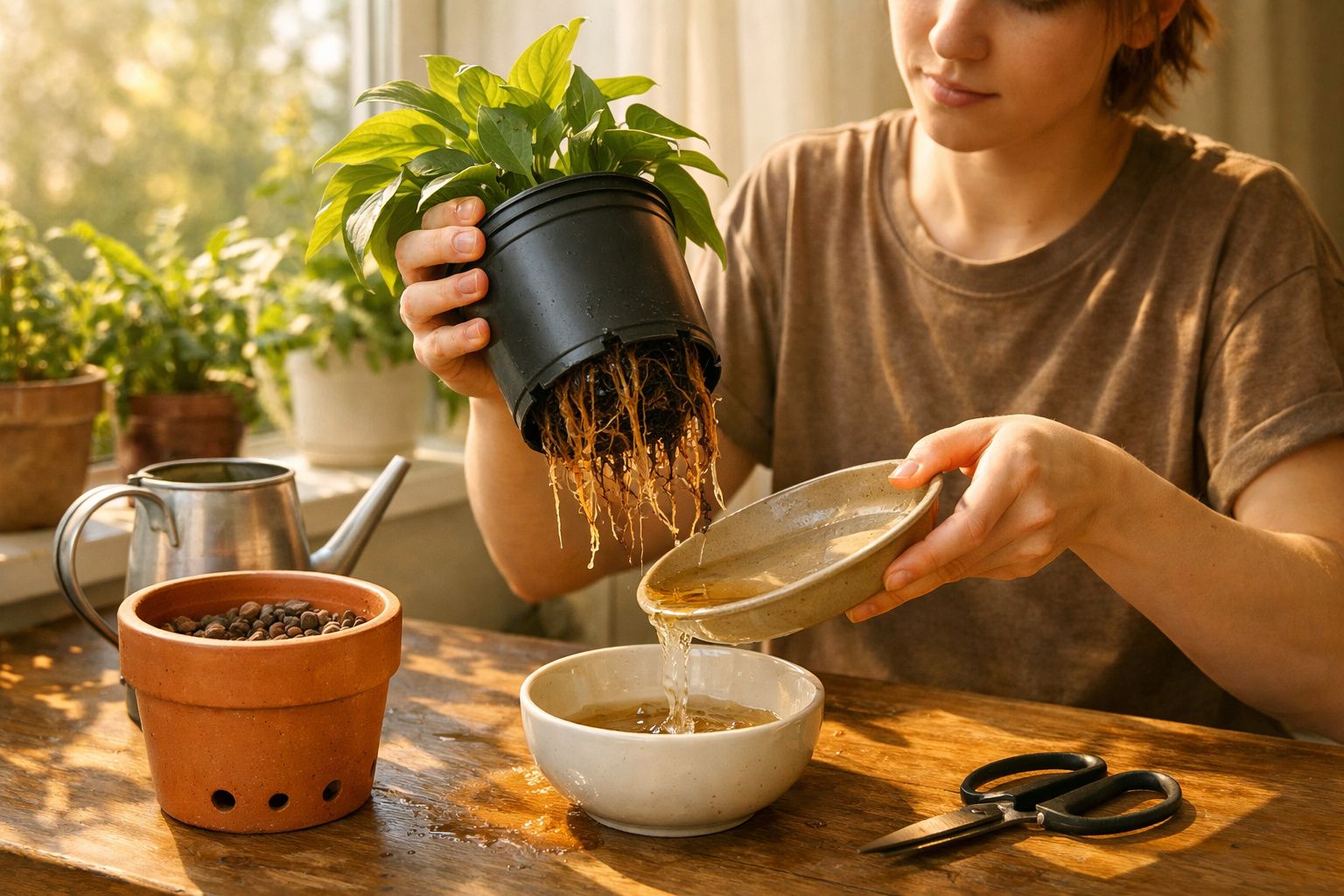 Pessoa a retirar planta de vaso para regar as raízes numa tigela com água num ambiente interior iluminado.