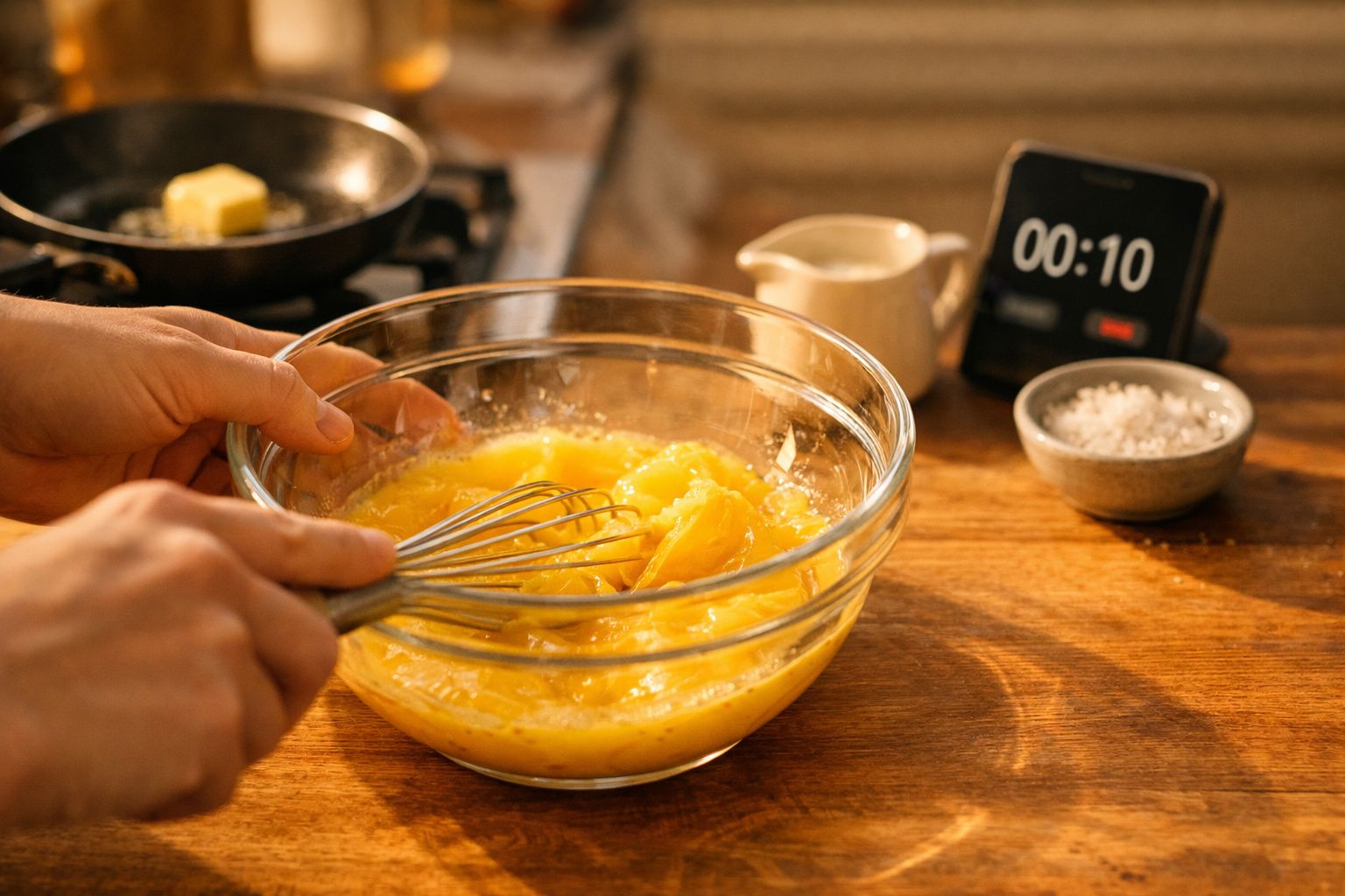 Mãos a bater ovos numa taça de vidro, com frigideira, temporizador e taças pequenas com ingredientes ao fundo.
