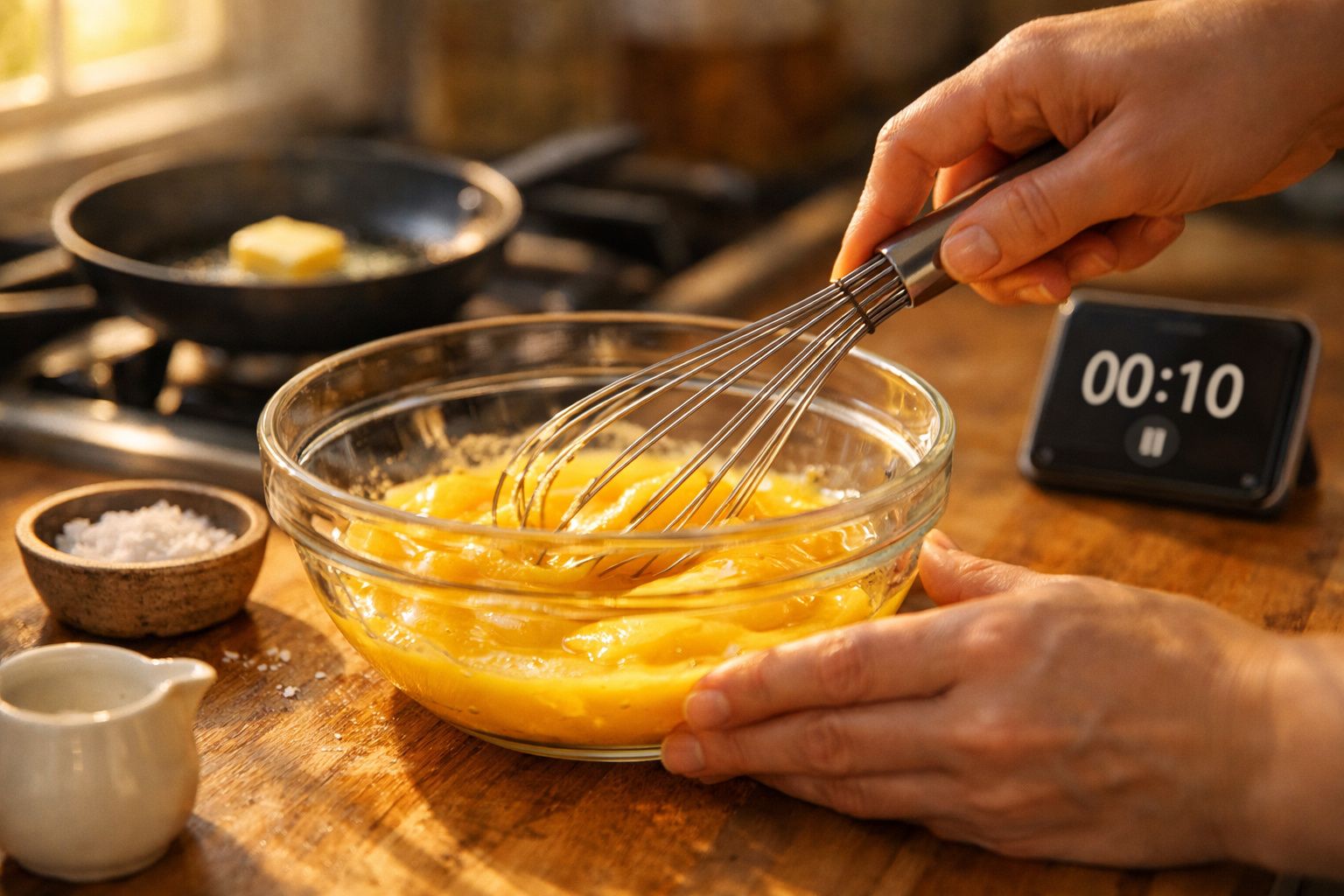 Mãos a bater ovos numa taça de vidro numa cozinha, com fogão, temporizador e ingredientes ao redor.