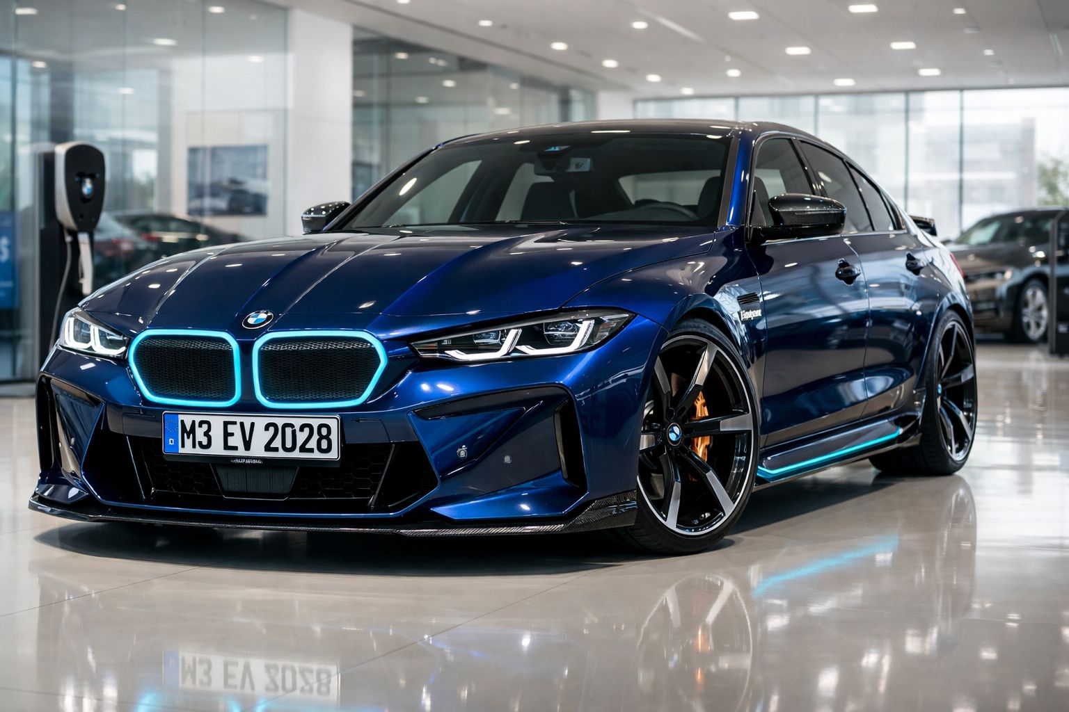 Carro elétrico BMW M3 azul metálico com detalhes luminosos, em exposição numa garagem moderna.