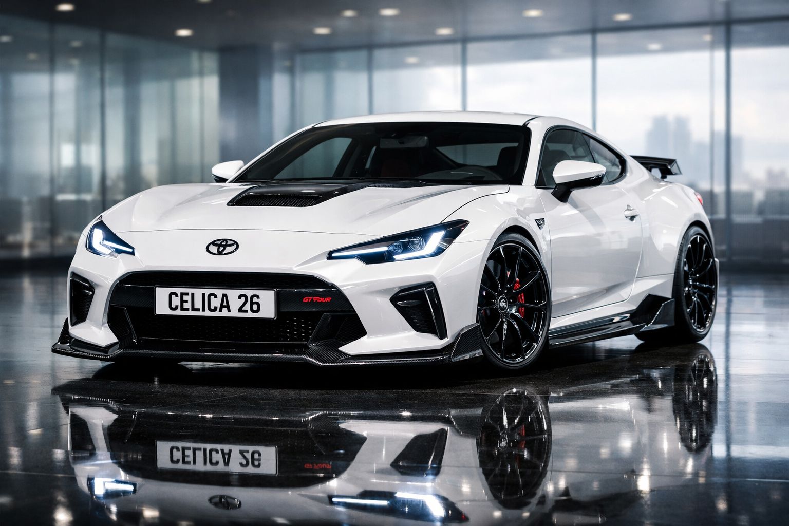 Carro desportivo branco Toyota GT Four com faróis LED e jantes pretas em piso brilhante interior.