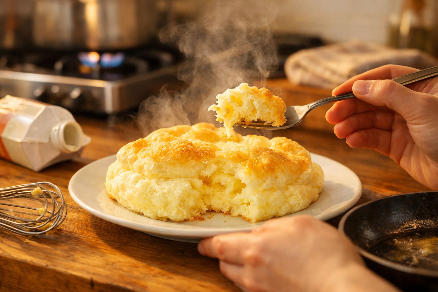 Torta fofa e quente sendo comida, com vapor visível, numa cozinha com fogão a gás ao fundo.