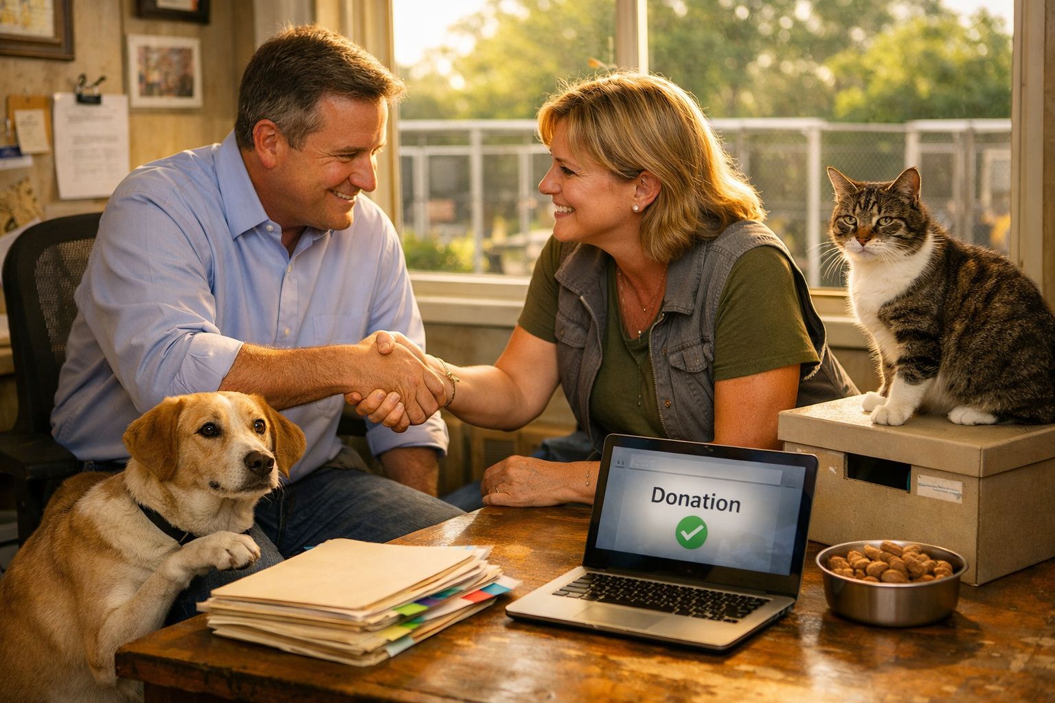 Homem e mulher apertam as mãos junto a computador com mensagem de doação, cão e gato à mesa.