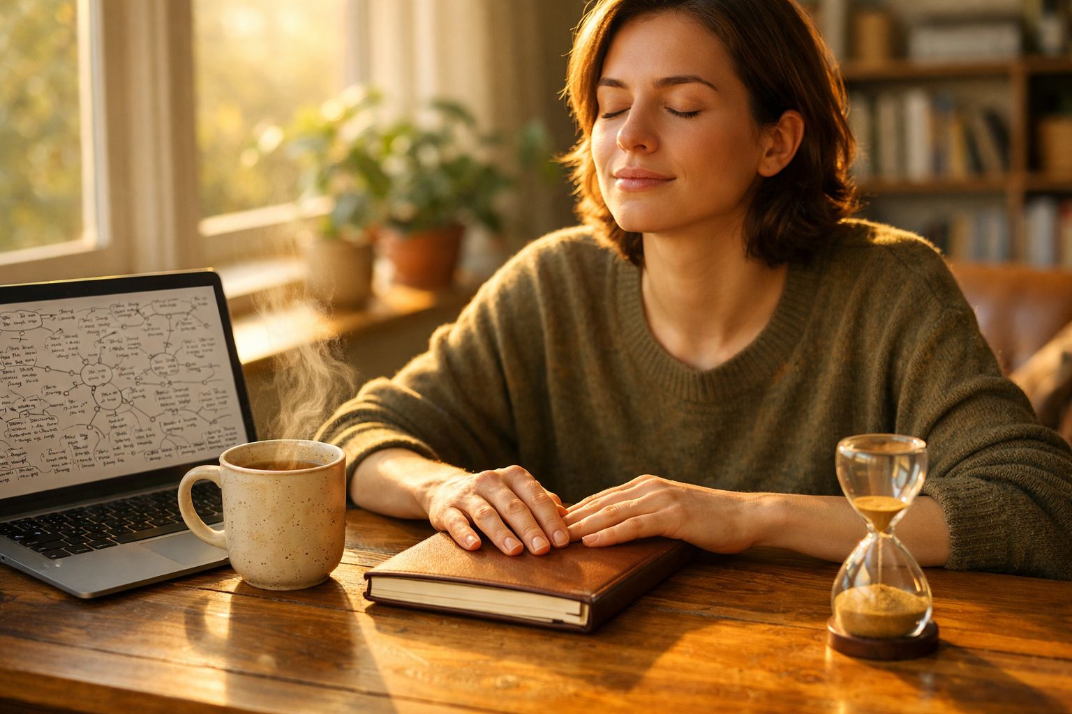 Mulher tranquila com os olhos fechados, mãos sobre livro, chá quente, ampulheta e portátil na mesa de madeira.