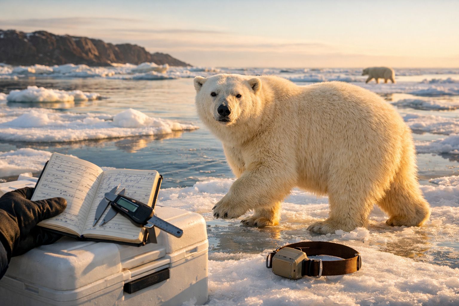 Urso polar em gelo derretido perto de equipamento científico aberto com notas e instrumentos de medição.