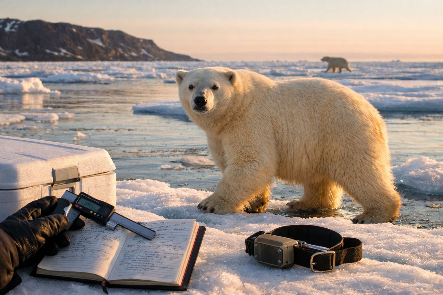 Urso polar sobre gelo junto a equipamentos científicos e bloco de notas no Ártico.