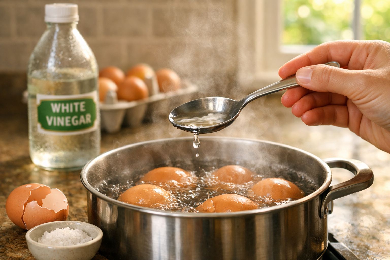 Mãos a retirar espuma com colher de panela com ovos a cozer, vinagre branco e cascas de ovo na bancada.