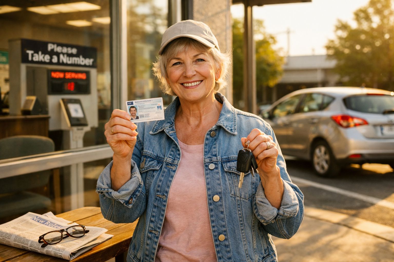 Mulher sorridente a mostrar carta de condução e chaves do carro num parque de estacionamento ao pôr do sol.