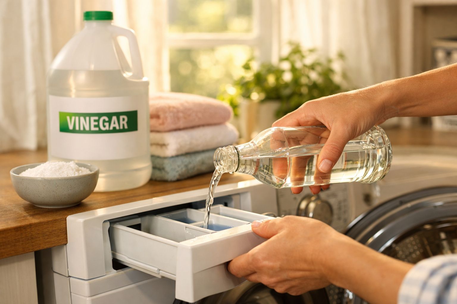 Pessoa a verter vinagre num compartimento da máquina de lavar roupa, com frasco e toalhas ao fundo.