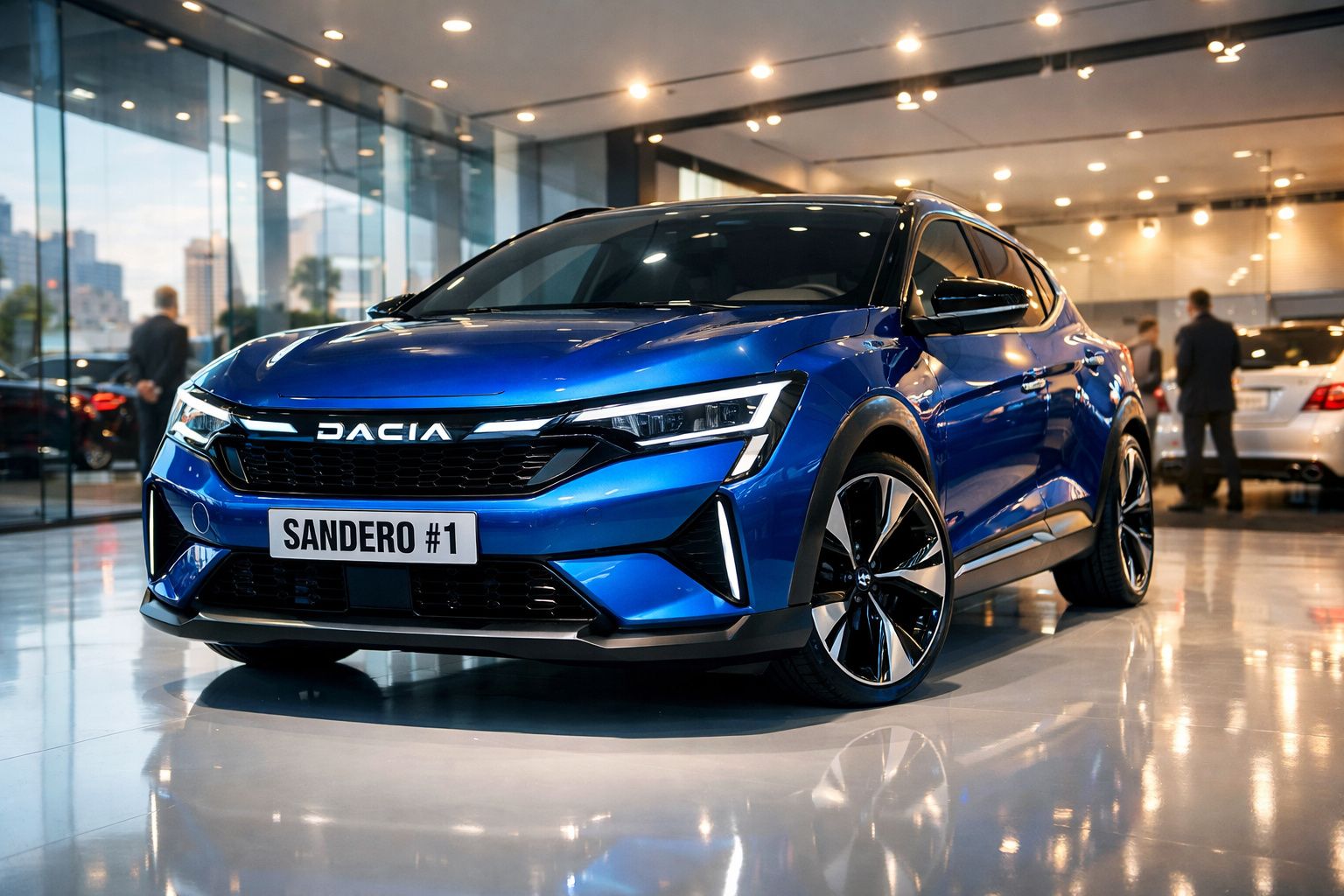 Carro azul Dacia Sandero #1 em exposição numa sala moderna com chão reflectivo e pessoas ao fundo.